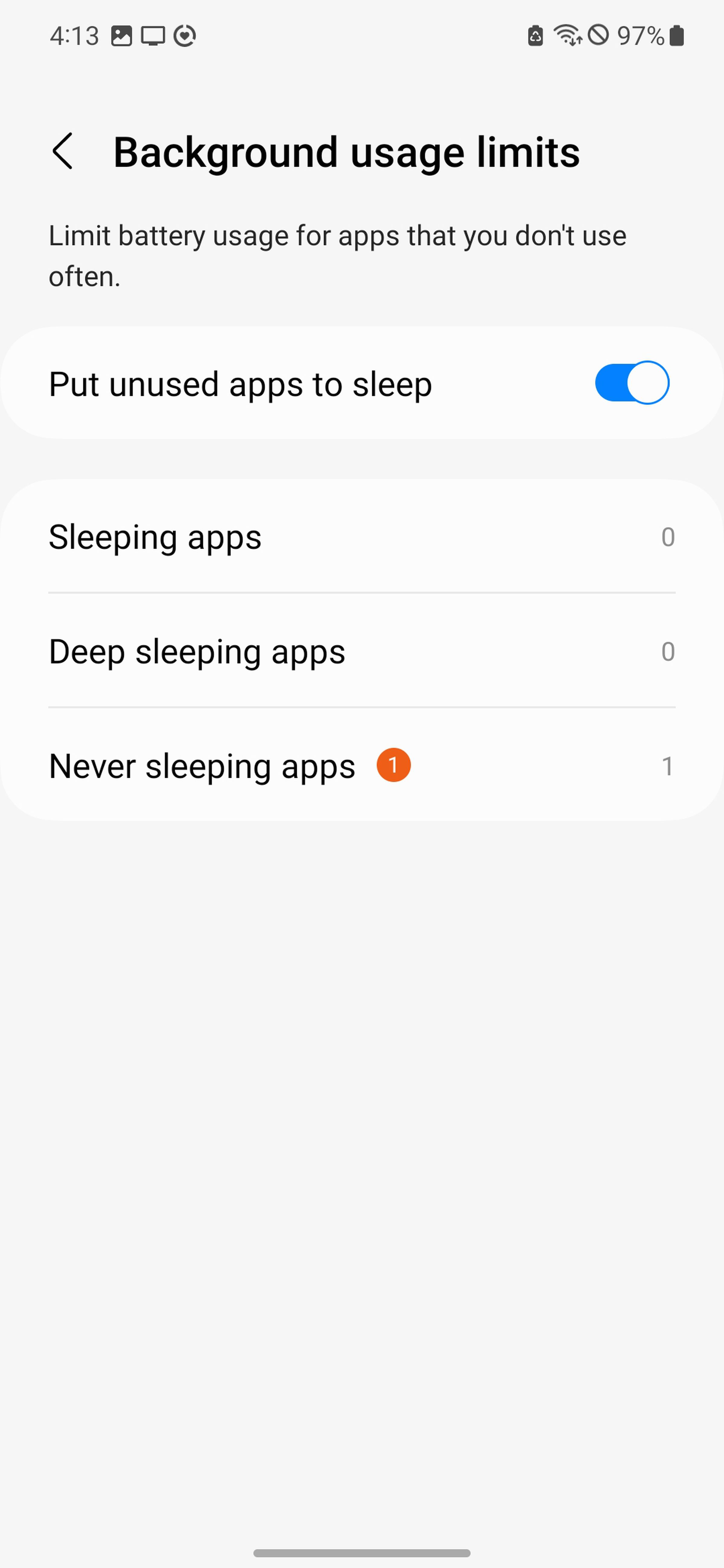 Page headed “Background usage limits” with a toggle labeled “Put unused apps to sleep” and underneath listed Sleeping apps, Deep sleeping apps, and Never sleeping apps.