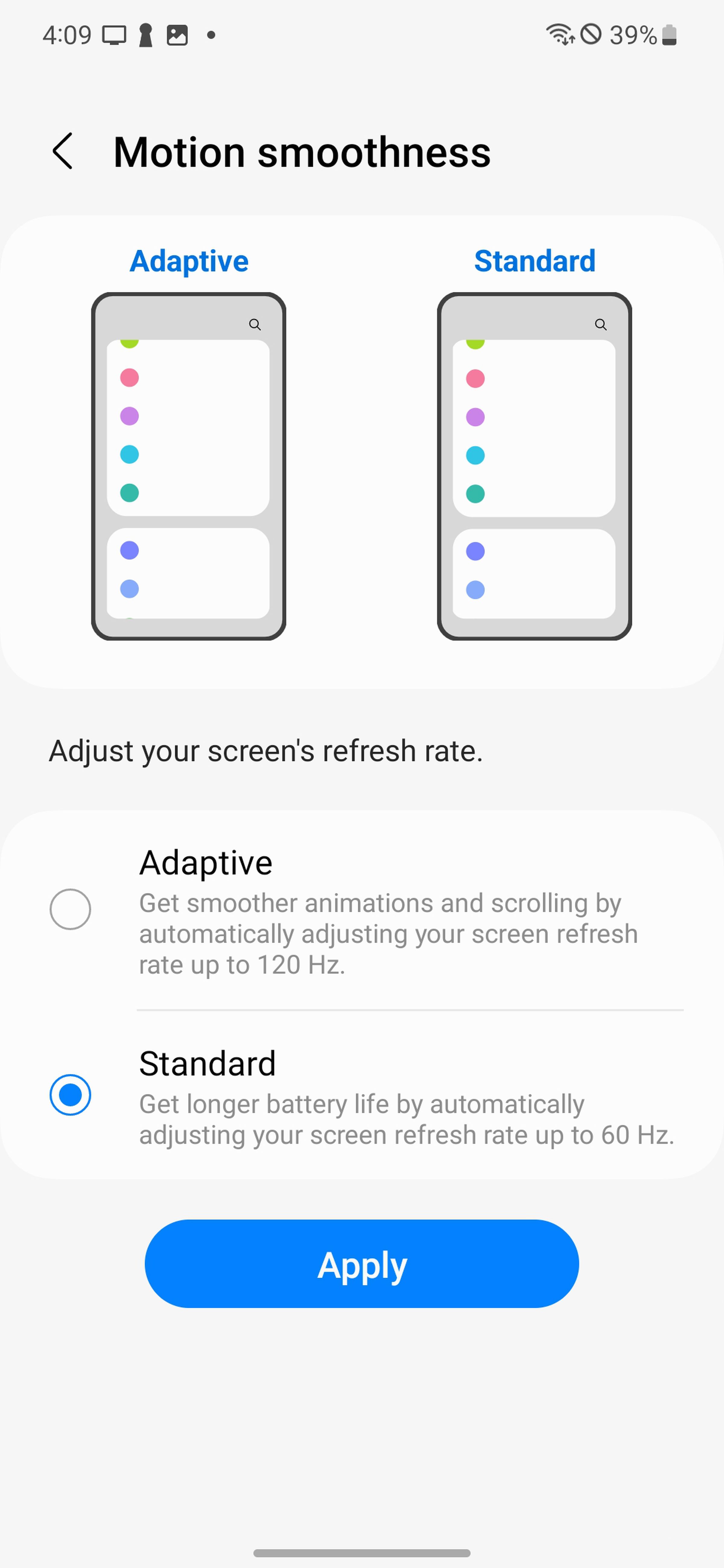 Screen headed Motion smoothness with two images of phones, one labeled Adaptive and one labeled Standard, and options for both below that.