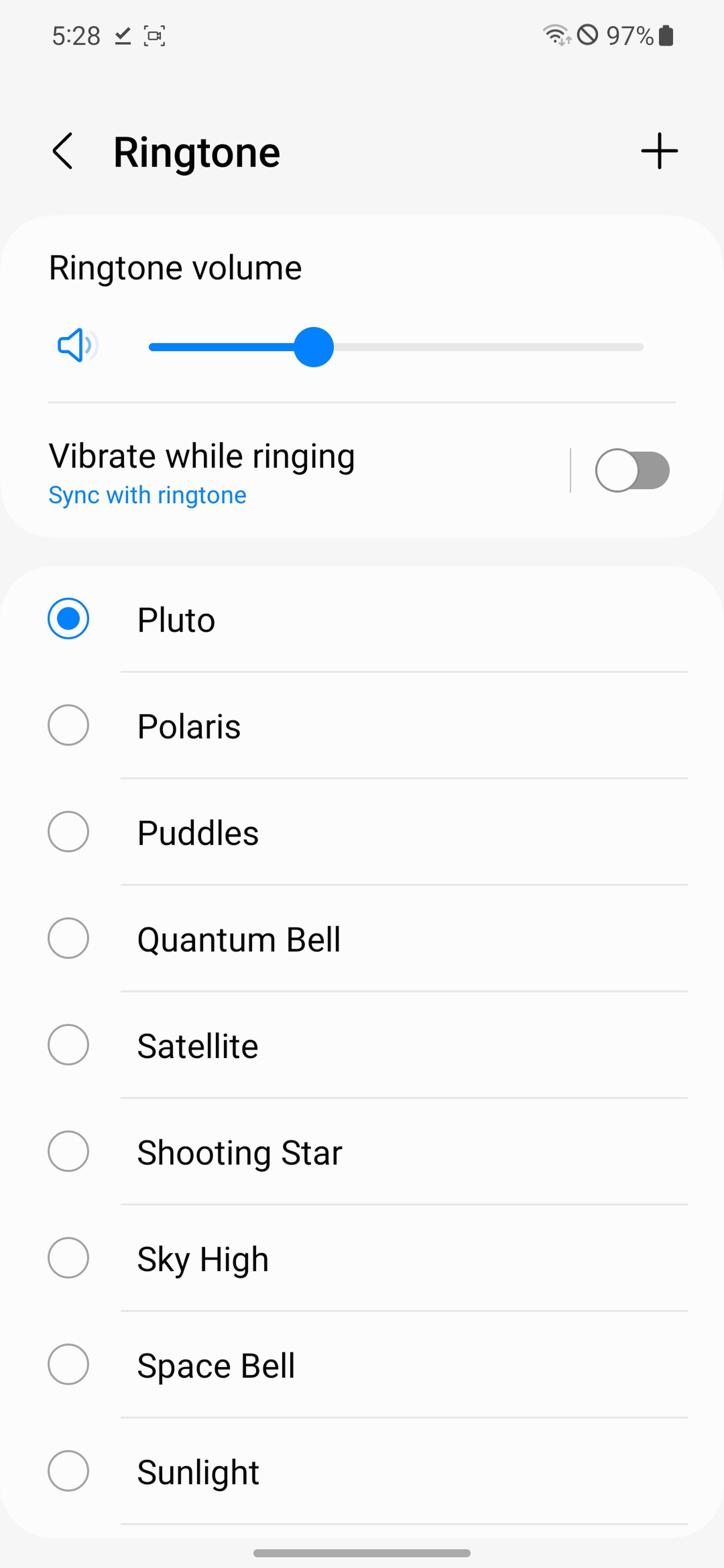 Ringtone page with list of sounds.