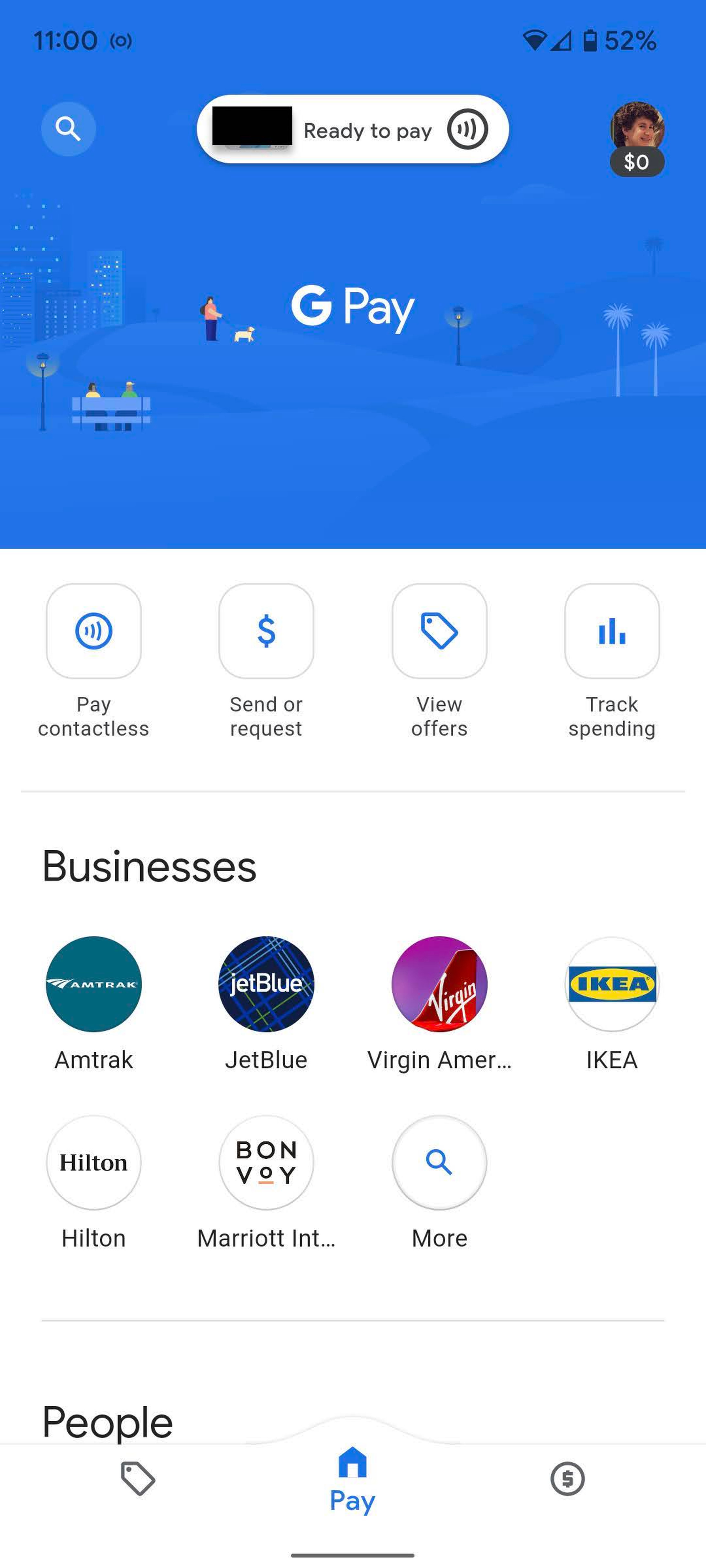 The home screen of the Google Pay app.