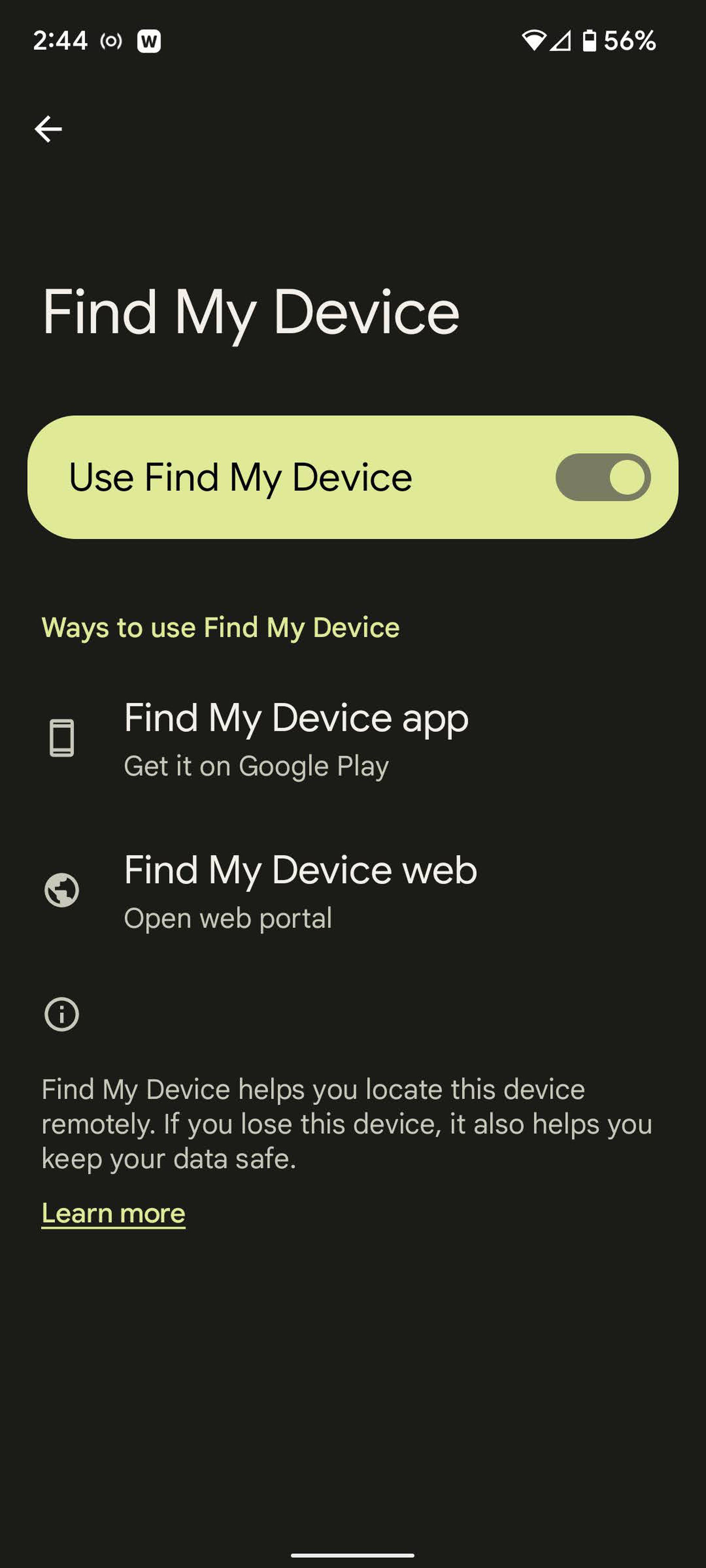 Toggle on Use Find My Device.