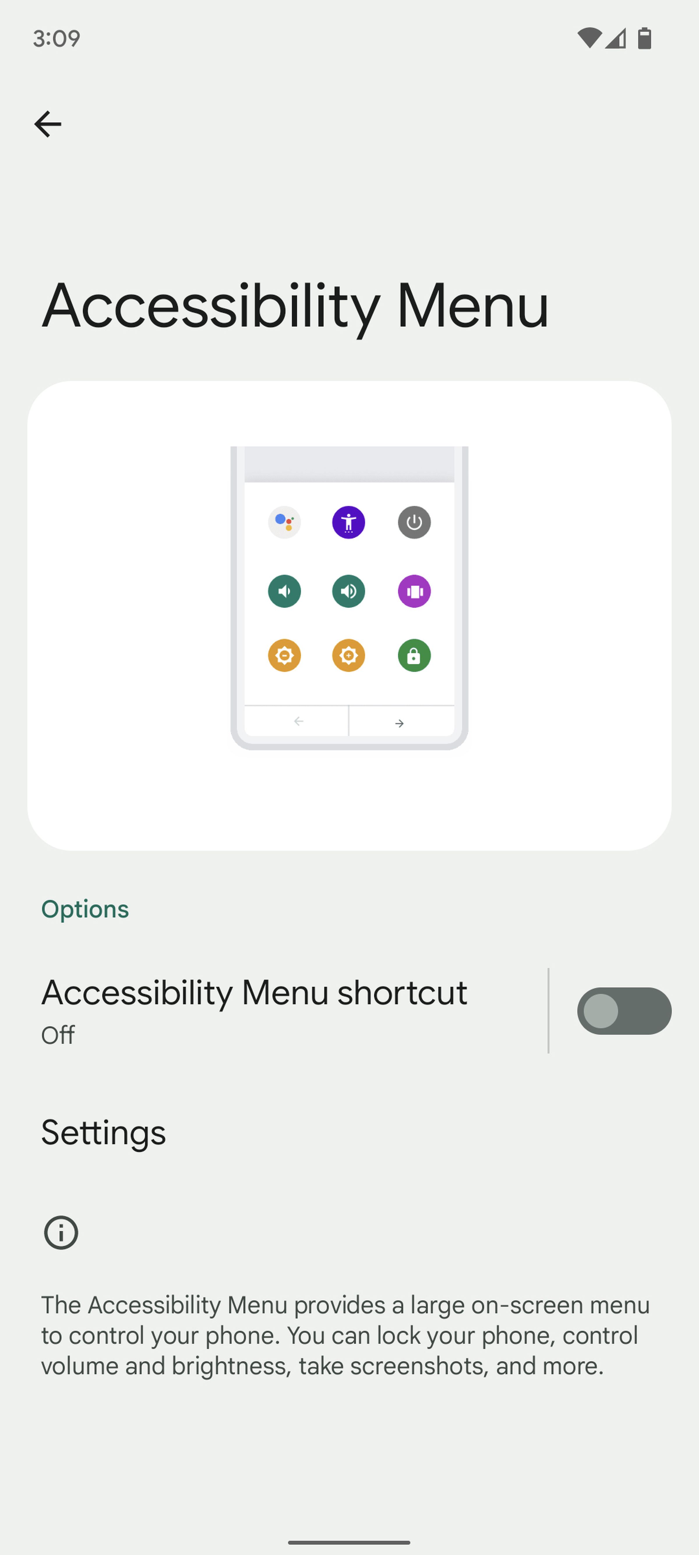 Accessibility menu page with shortcut toggle