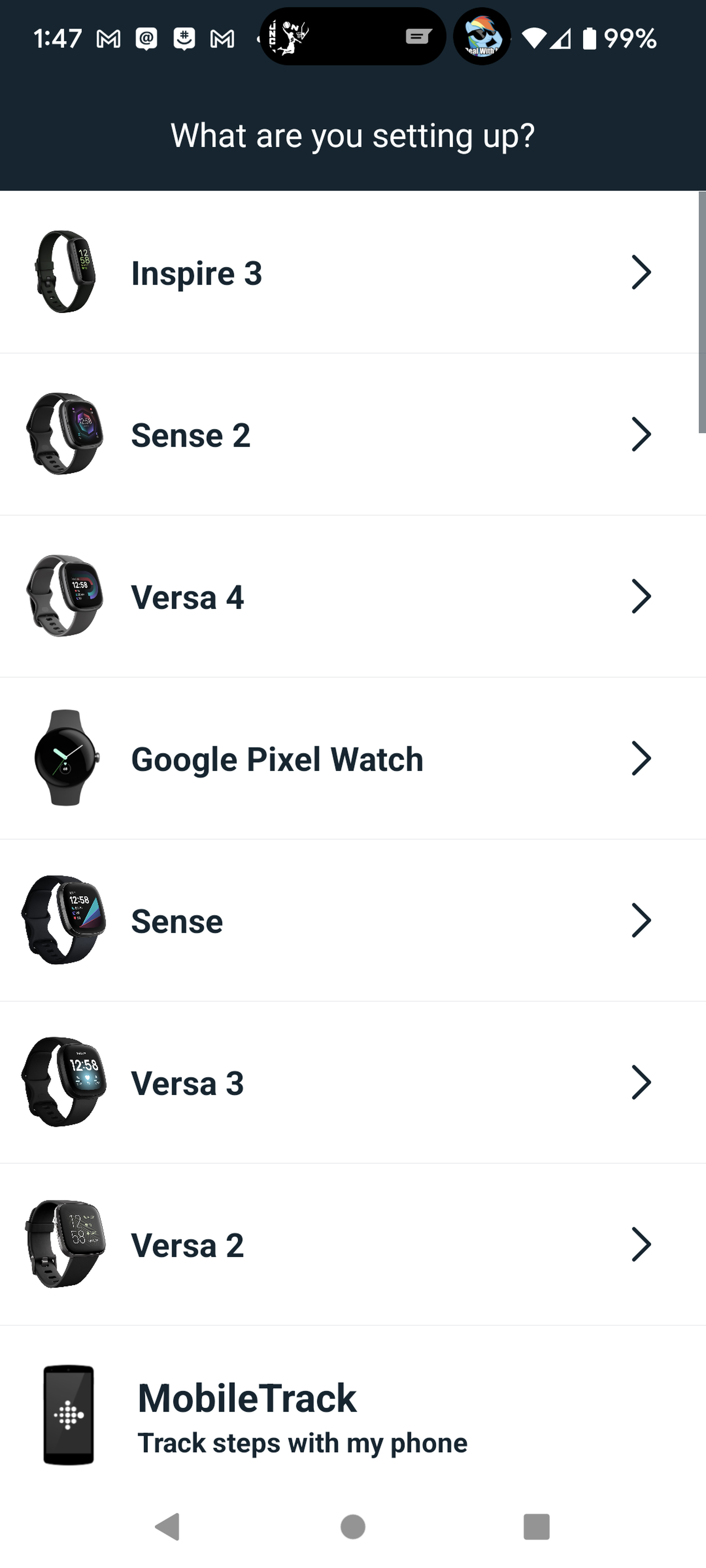 Fitbit app device menu screenshot