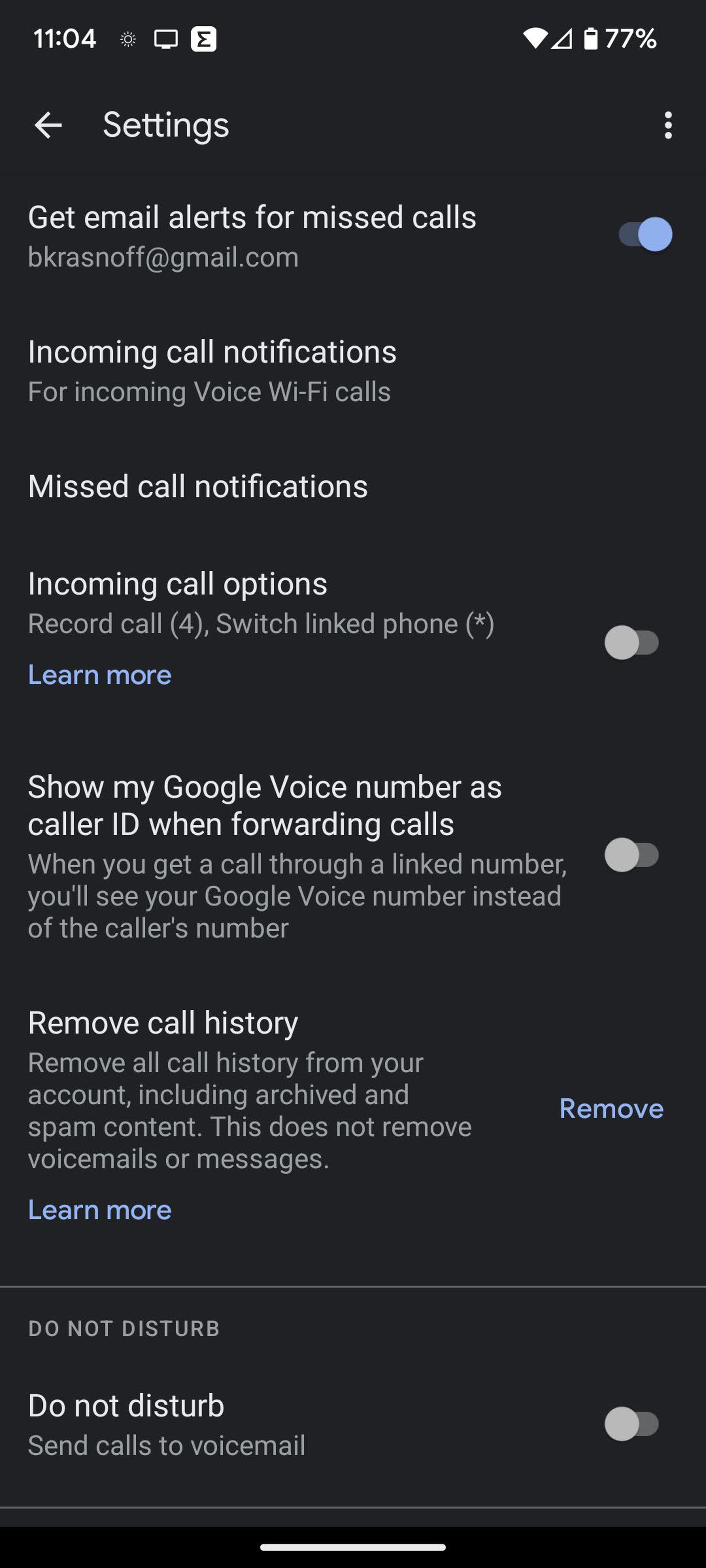 Google Voice için "Gelen arama seçenekleri" geçişini gösteren ayarlar menüsü.