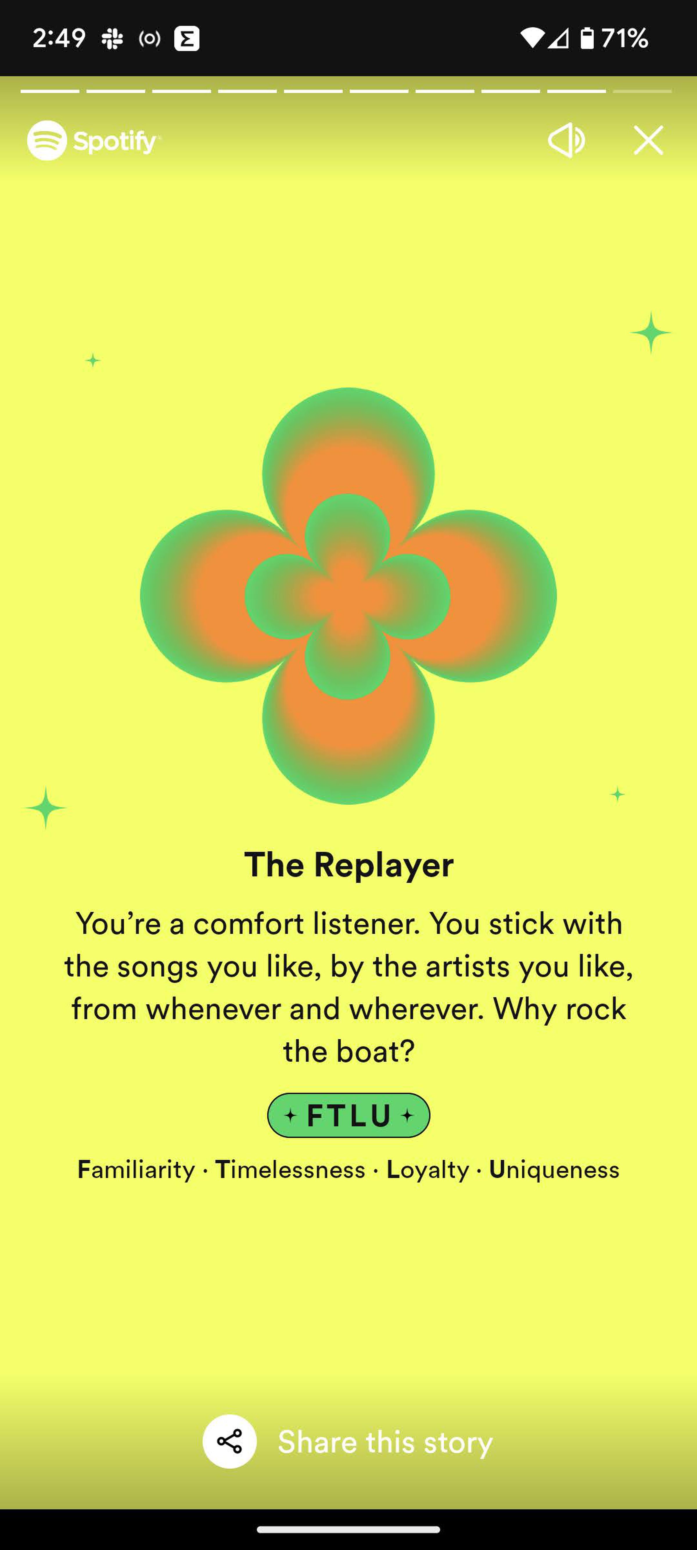 Text describing “The Replayer” with an orange and green abstract flower against a yellow background.