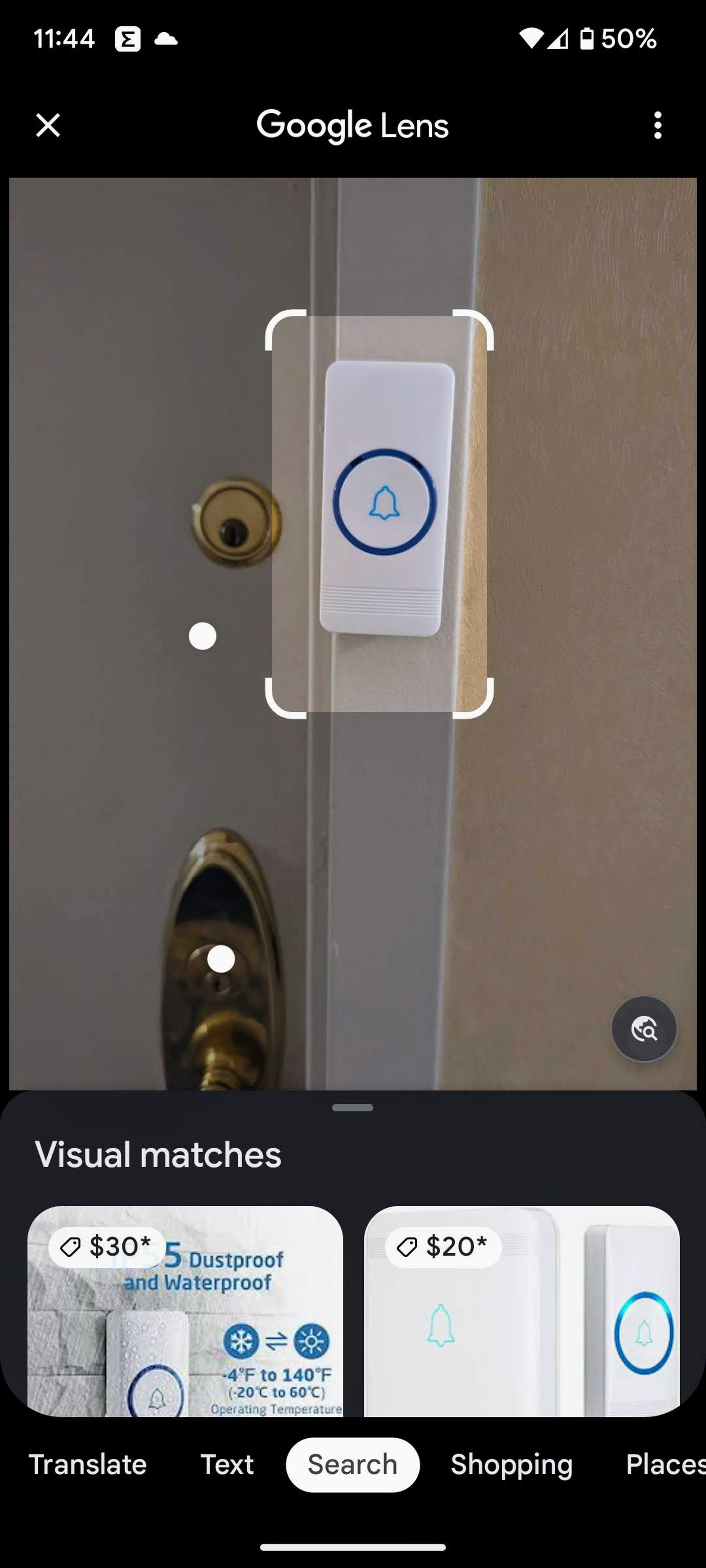 An electronic doorbell on the side of a door, with a lock to the left, and photos from Google Lens below identifying the make and model.