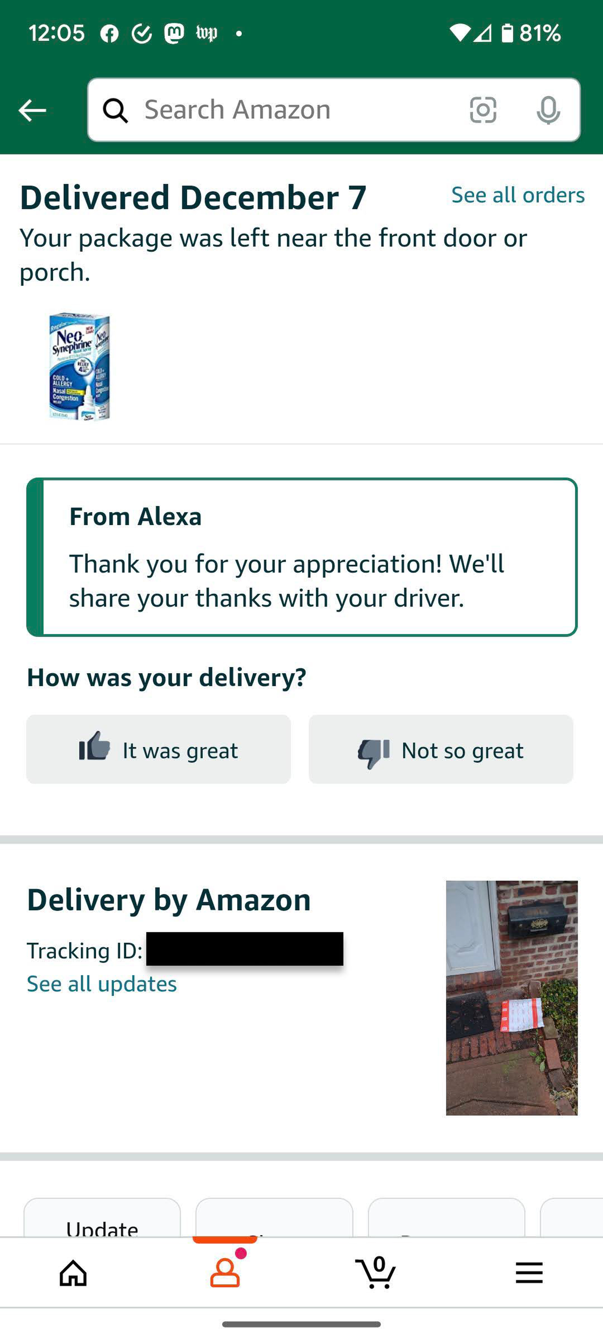 Amazon page showing that a product was delivered, along with a message reading “From Alexa: Thank you for your appreciation! We’ll share your thanks with the driver.”