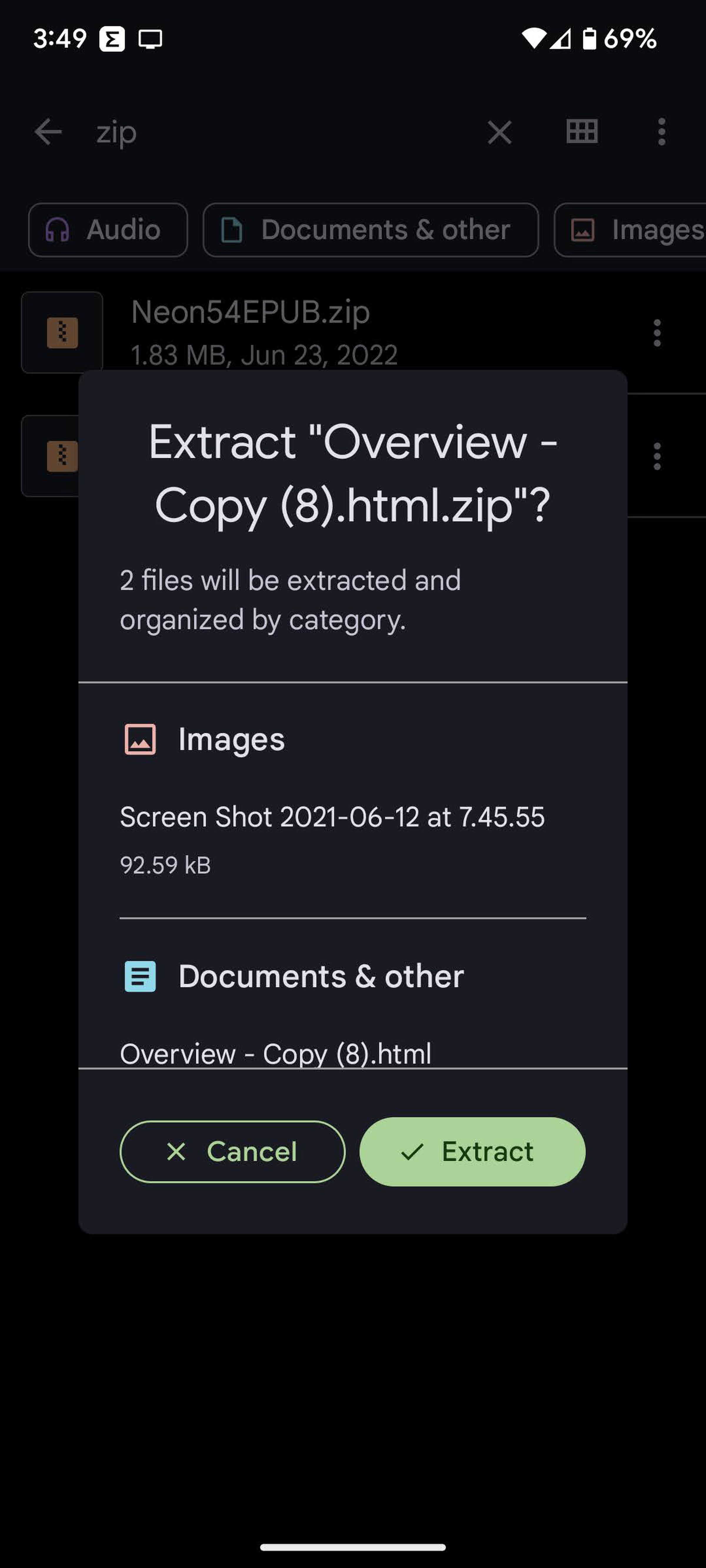 An Android screen with “Extract ‘Overview - Copy (8).html.zip”? on top, and files categorized under Images and Documents &amp; other.