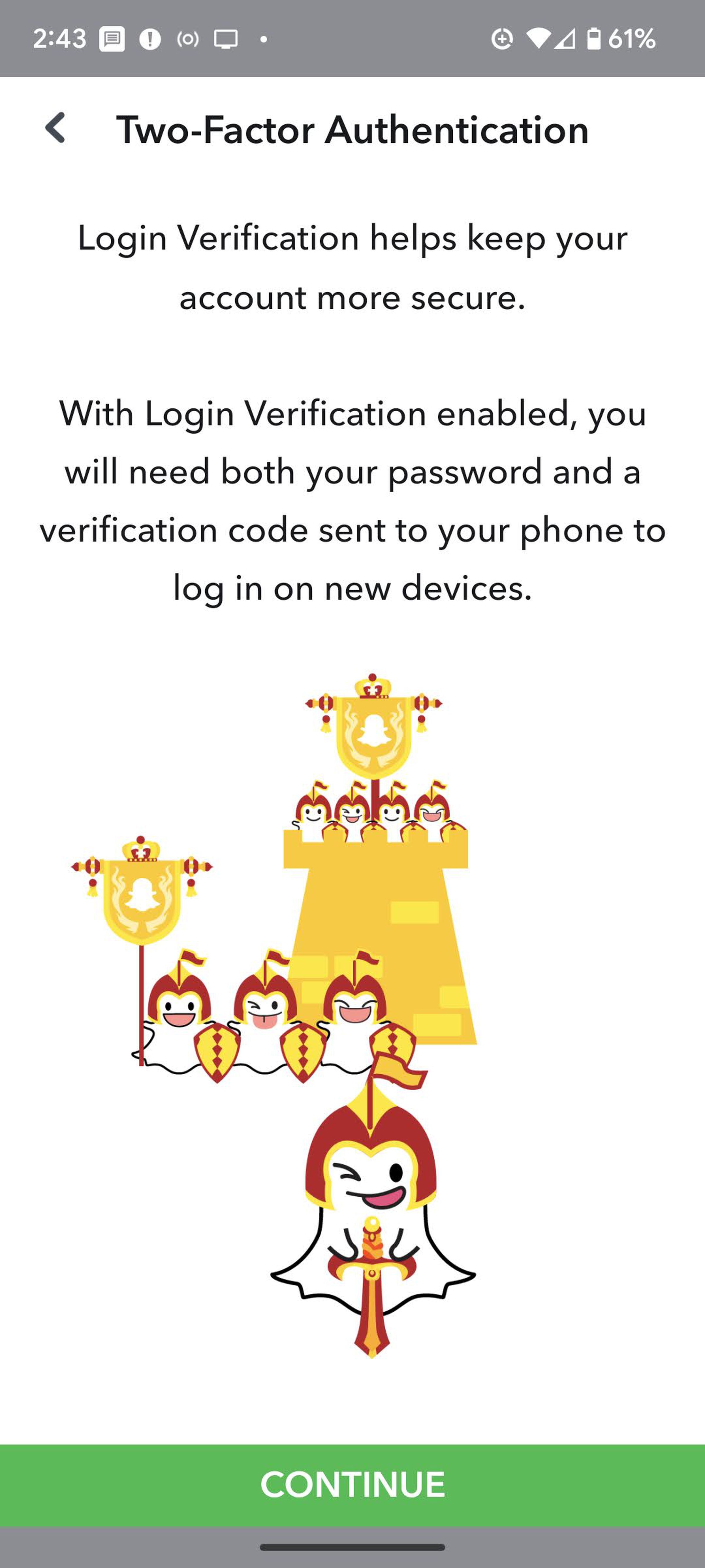 Snapchat page with Two-Factor Authentication on top, a short explanation, and then a drawing showing several snapchat ghost-looking characters.