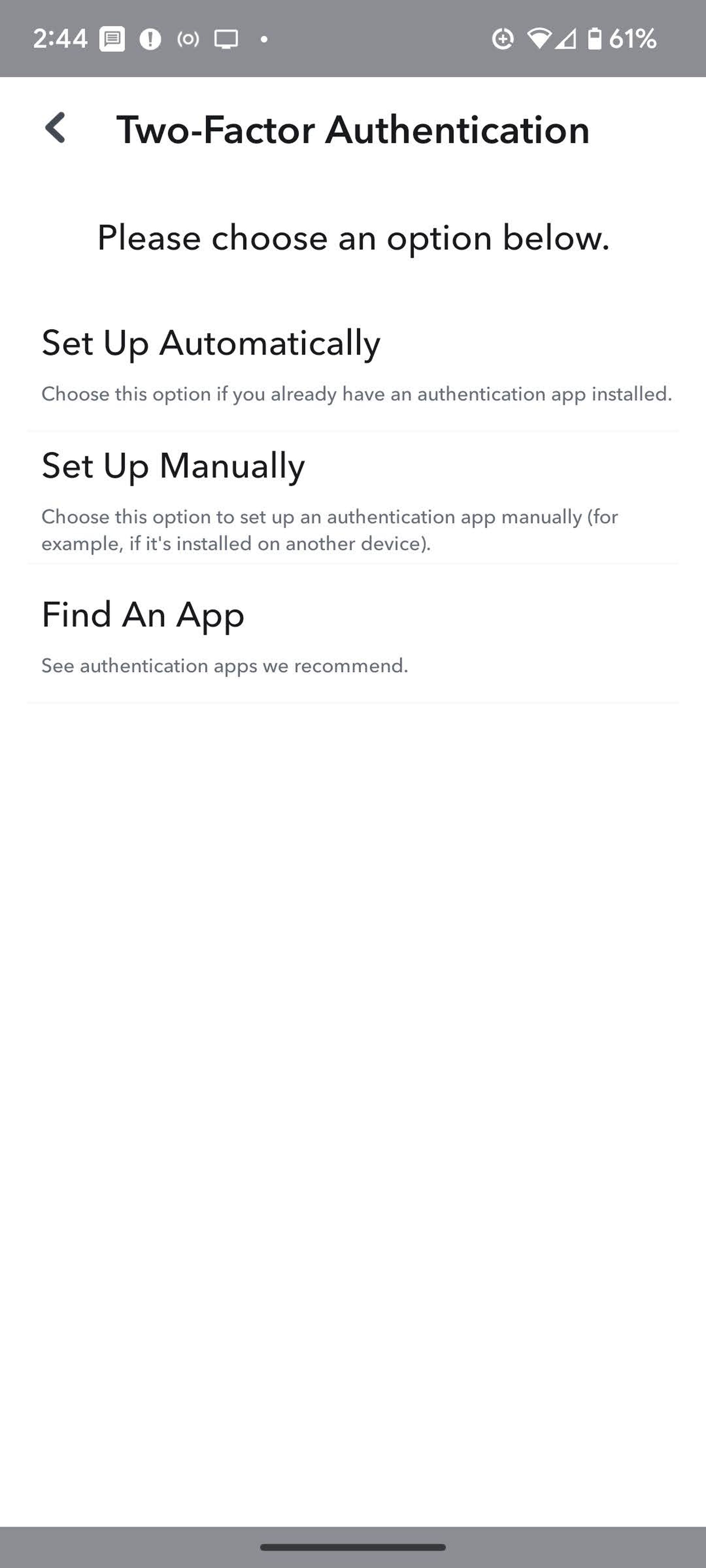 Snapchat page with Two-Factor Authentication on top, and text asking you to choose to set up automatically, set up manually, or find an app.