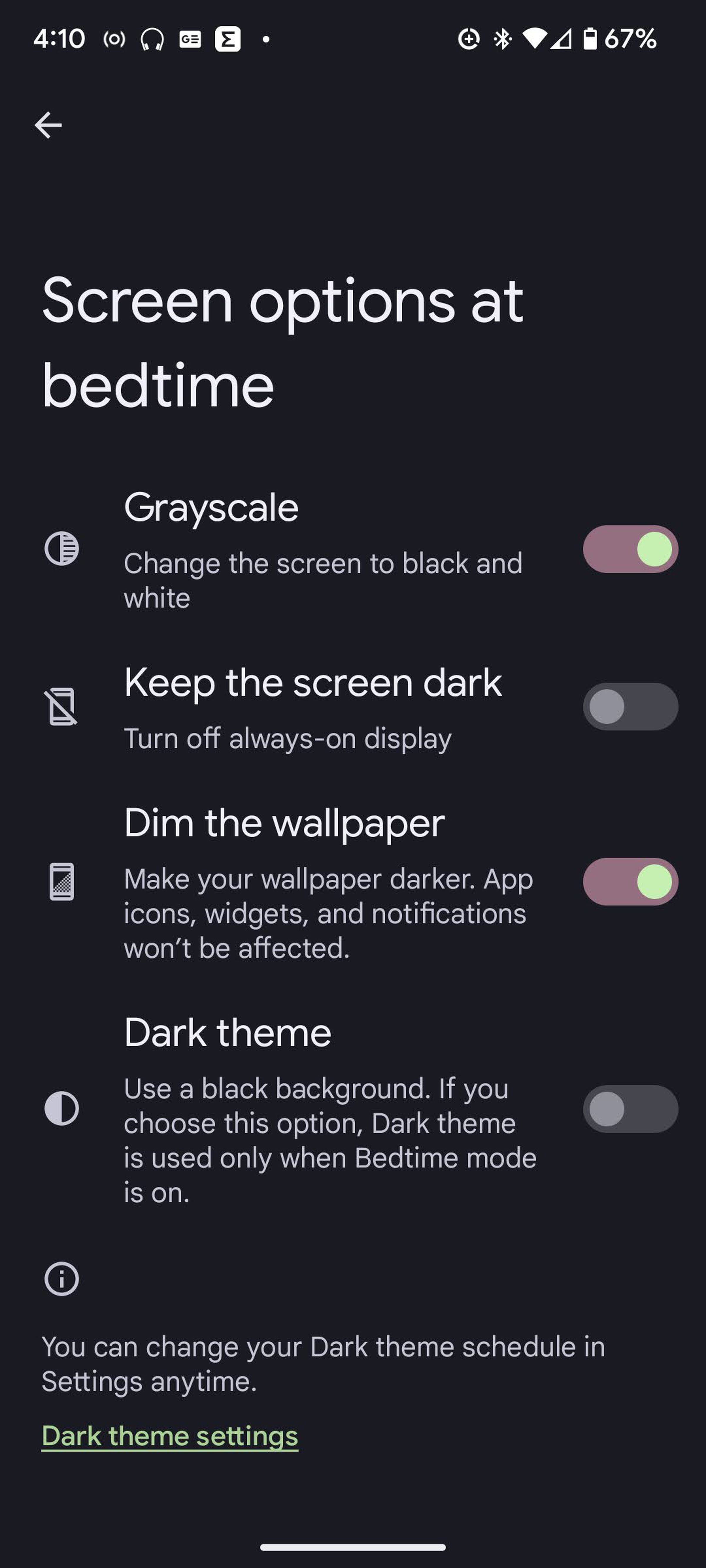 Menu for screen options at bedtime, including grayscale, keep the screen dark, dim the wallpaper, and dark theme