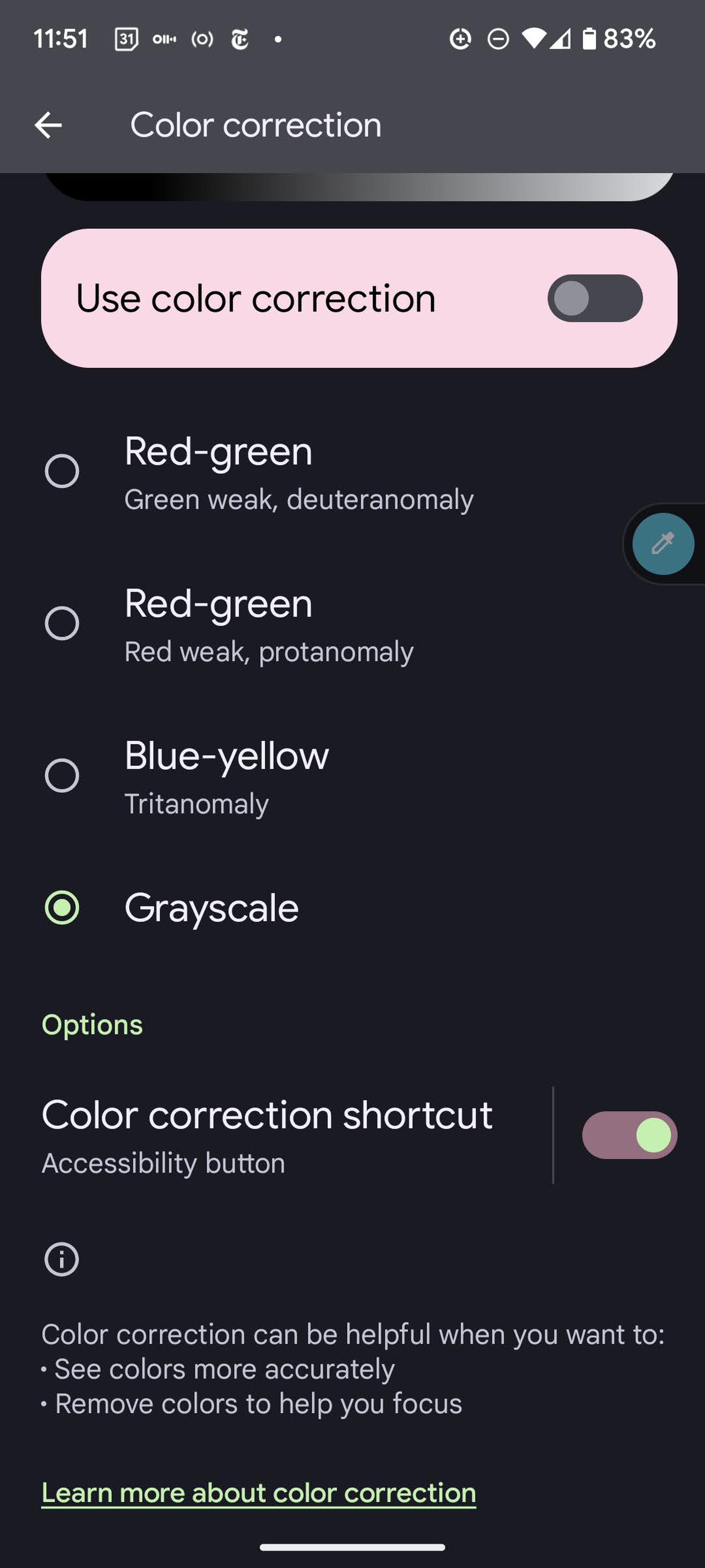 Color correction screen with “Use color correction” button in pink, and other choices including red-green, blue-yellow, and grayscale.