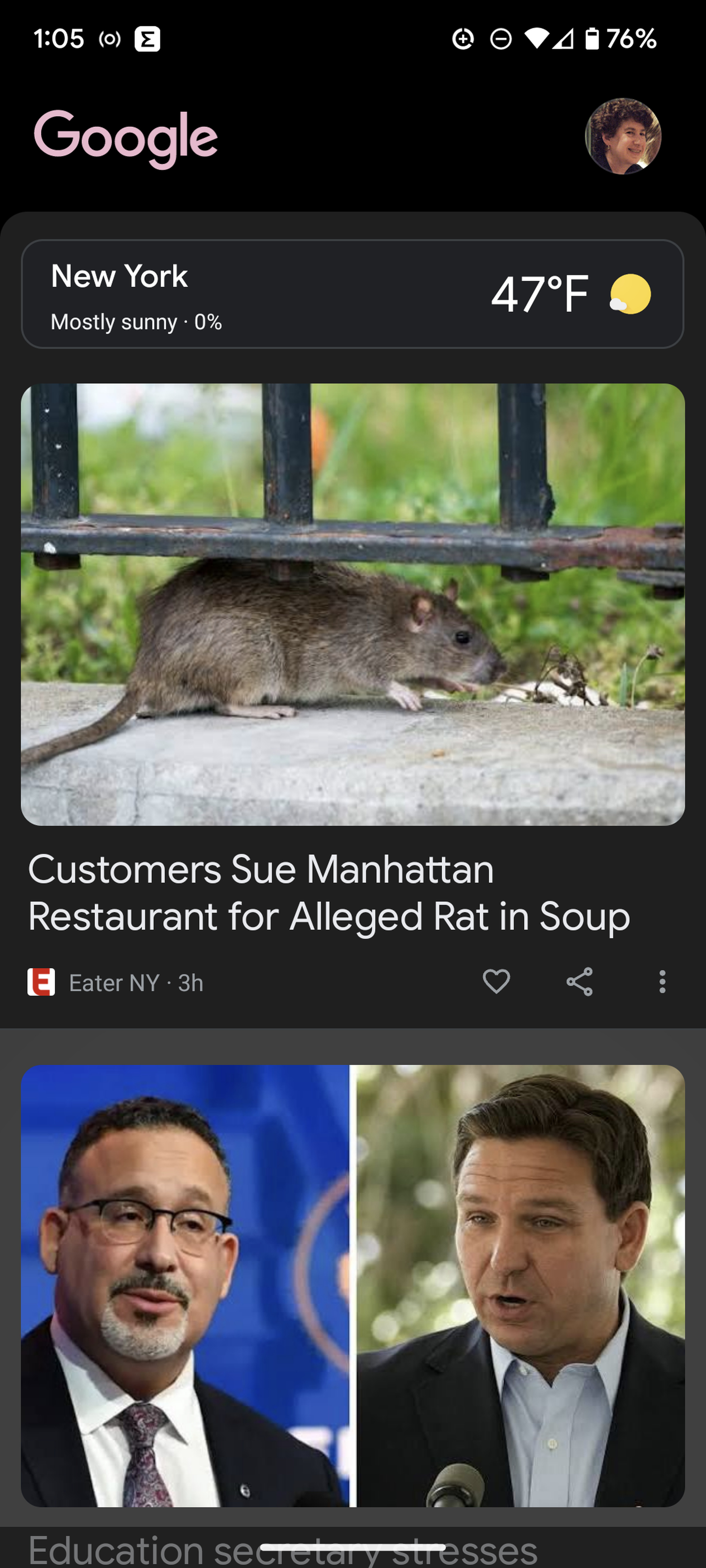Google Discovery page, with photo of rat under a metal gate, with the caption Customers Sue Manhattan Restaurant for Alleged Rat in Soup.