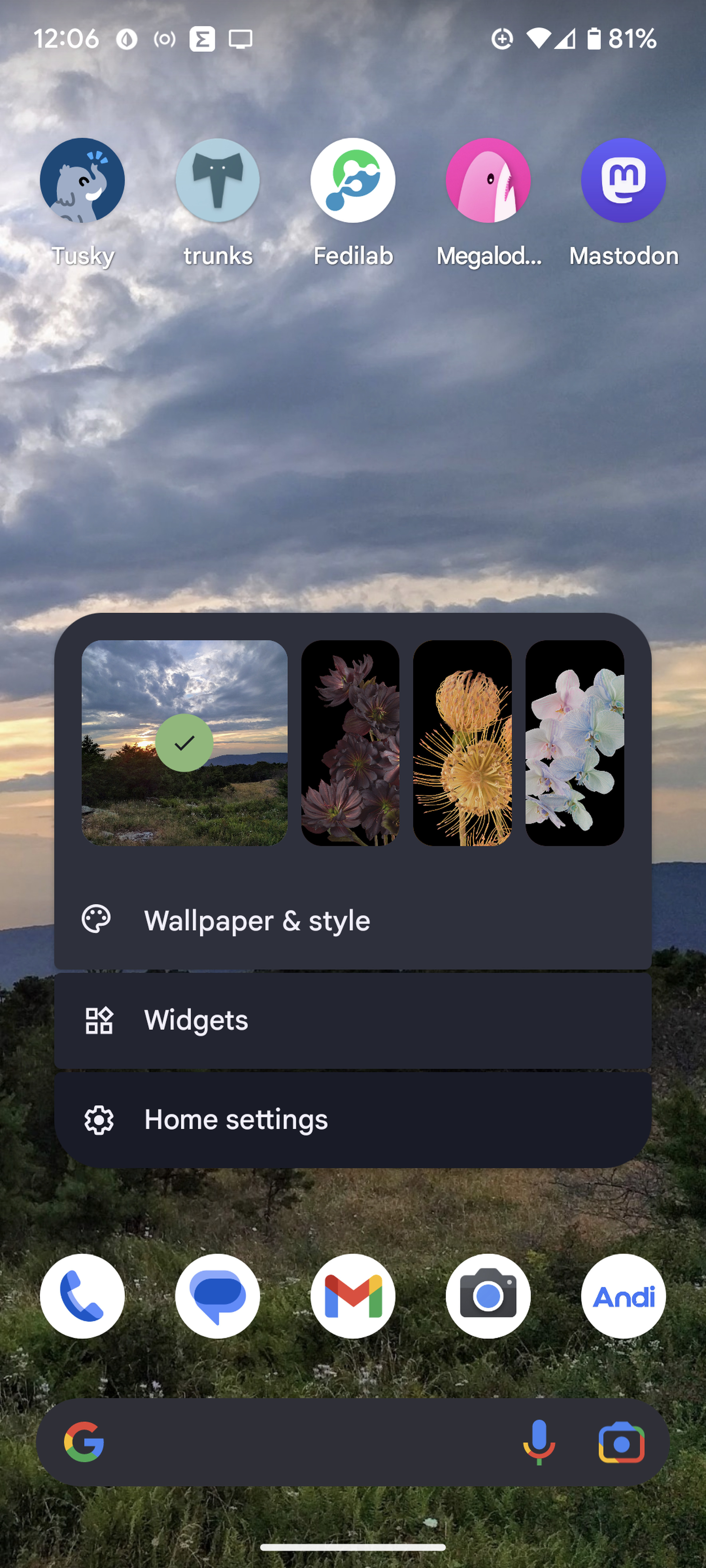 Android home screen with a pop-up menu showing different wallpapers, and three choices: Wallpaper &amp; style, Widgets, and Home settings