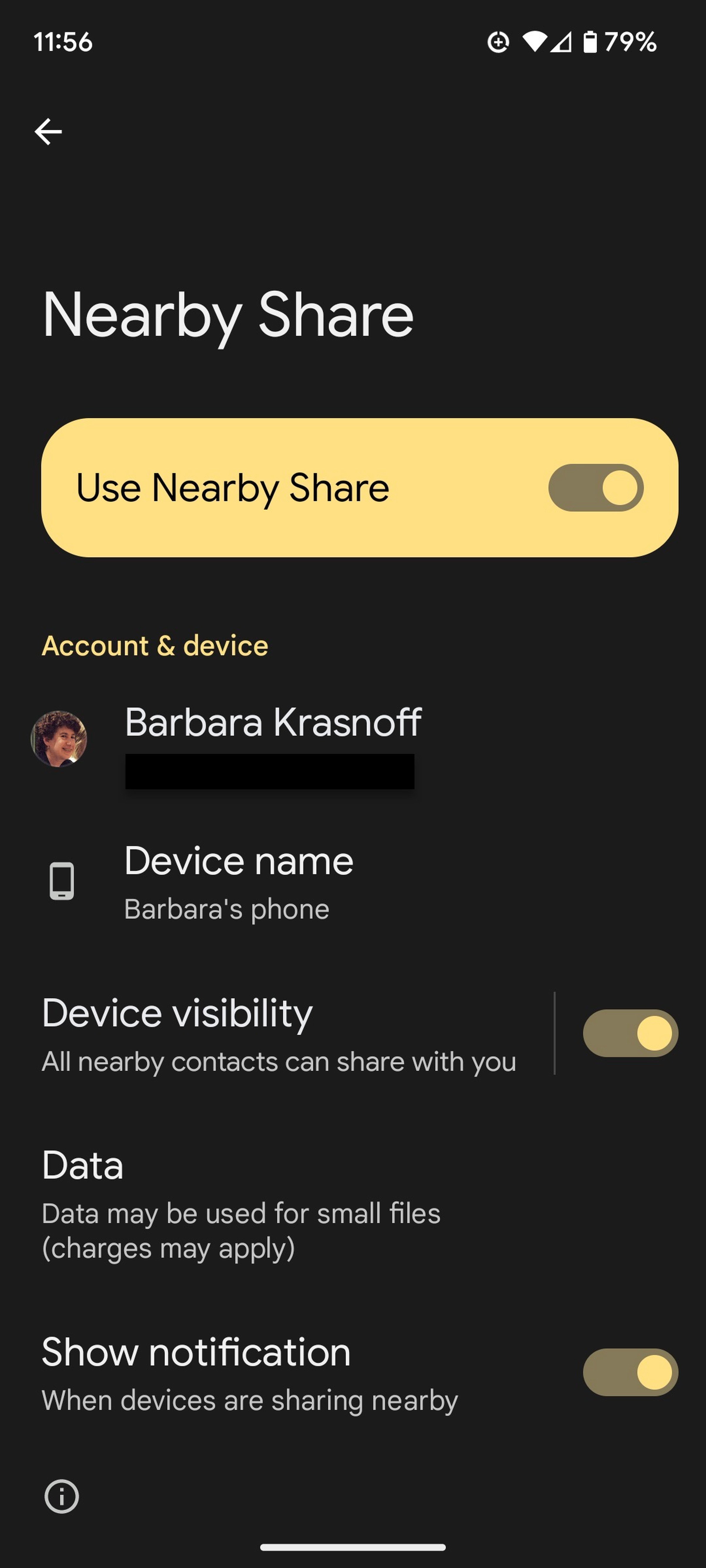 The Android Nearby Share page with a Use Nearby Share toggle on top.