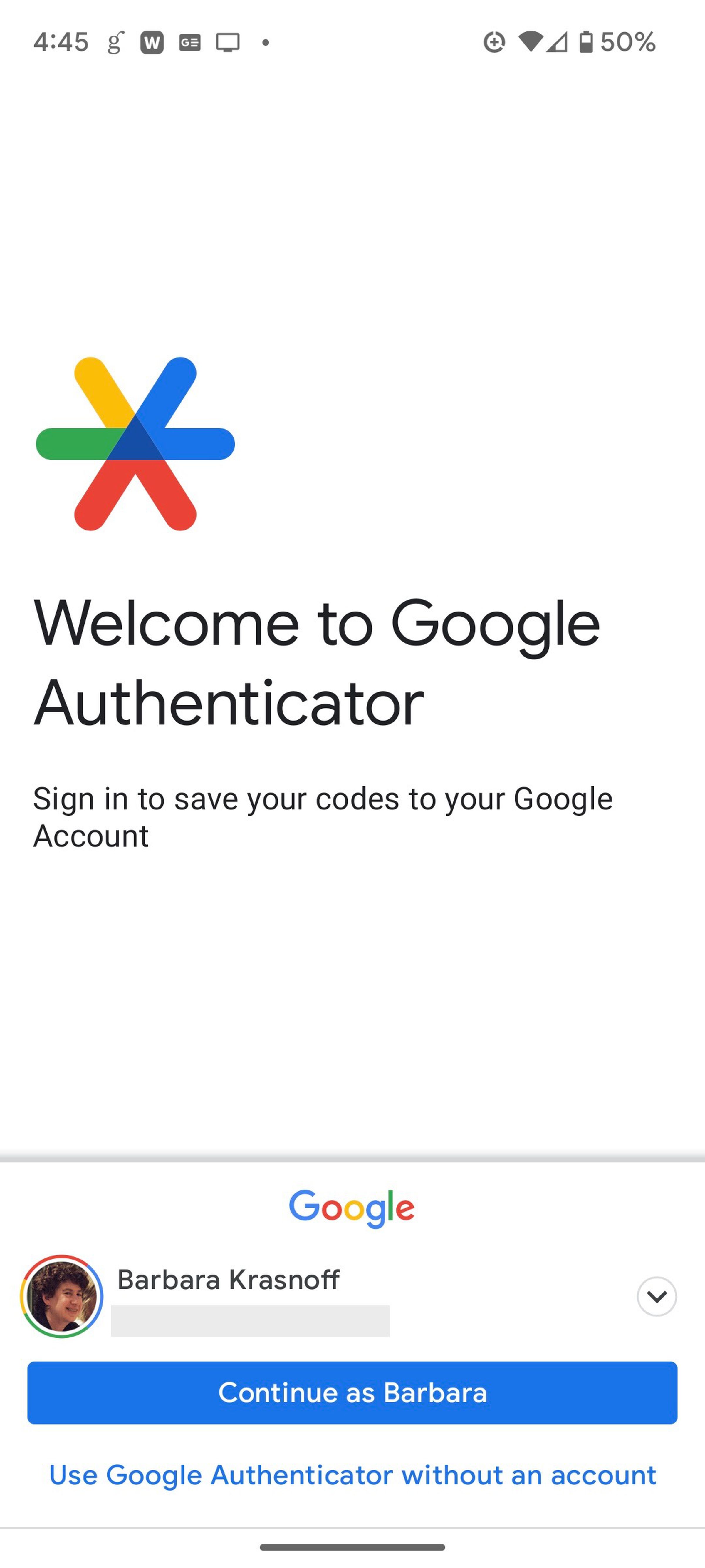 A page with a multicolor starburst, the words “Welcome to Google Authenticator” then “Sign in to save your codes to your Google Account” and then a Google sign-in at the bottom.