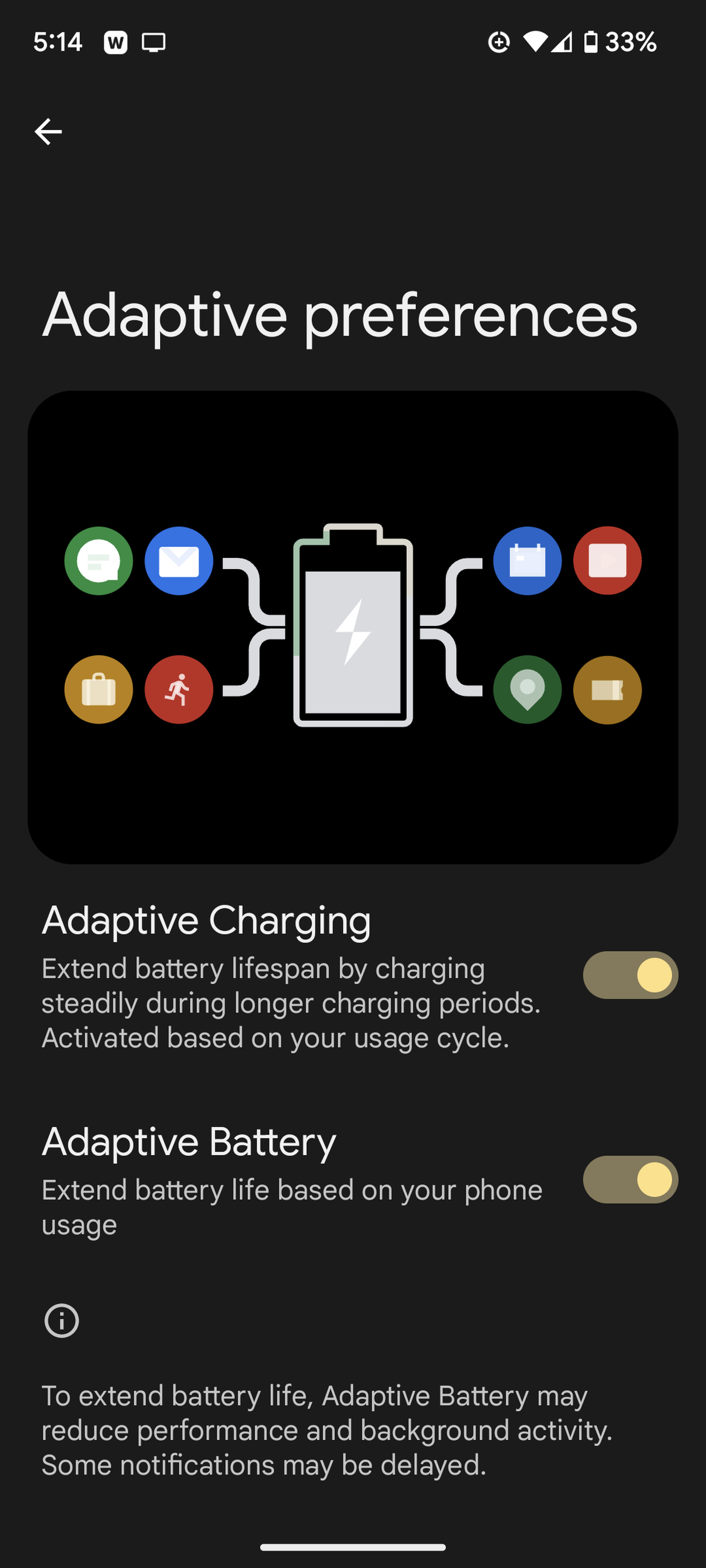 Dark screen with Adaptive preferences on top, a graphic of a battery beneath, and toggled choices for adaptive charging and adaptive battery beneath that.