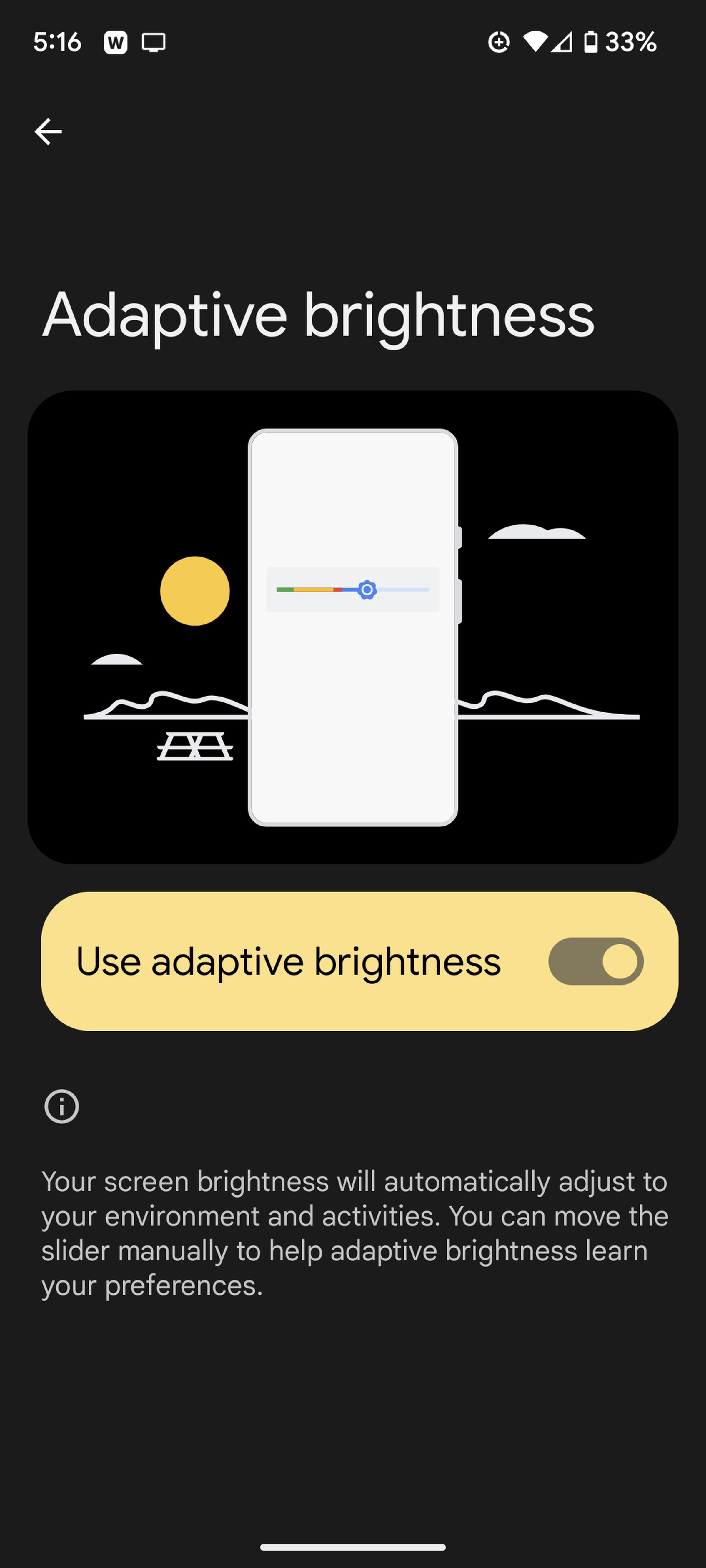 Screen headed Adaptive Brightness with graphic of phone against skyline and a toggle for “Use adaptive brightness” under that.