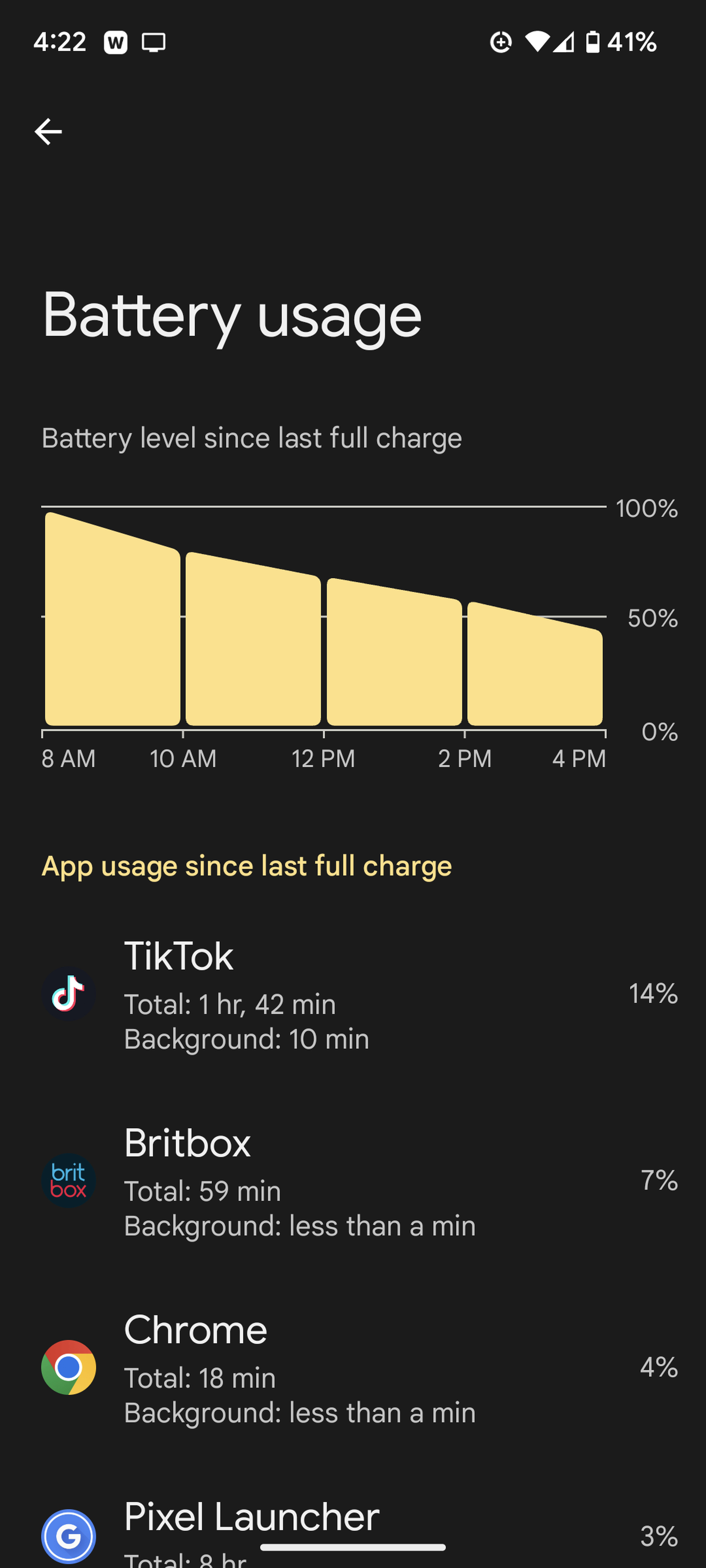 Battery usage page with a bar chart heading downward as battery power drains with a list of apps beneath.