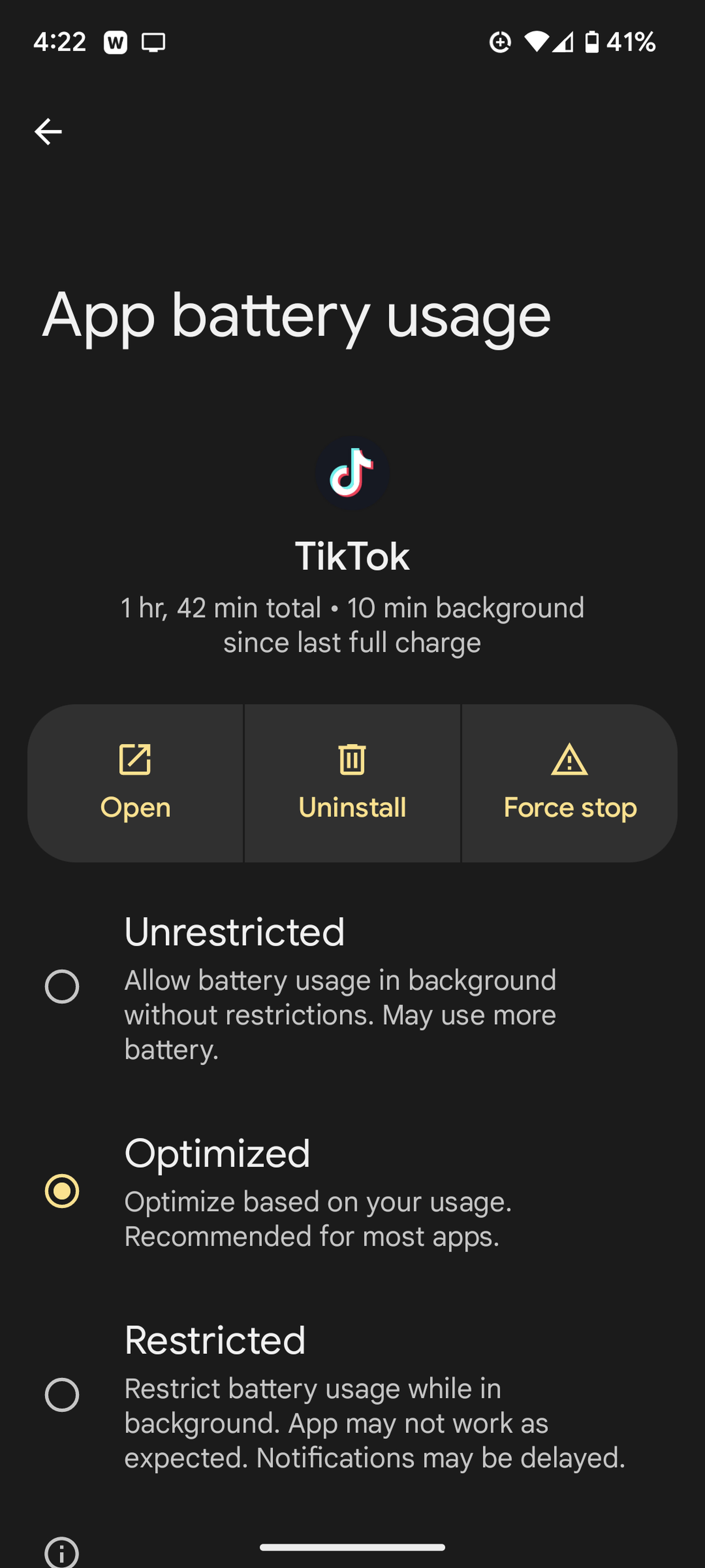 Page headed app battery usage, with TikTok beneat it, three icons beneath that, and checkboxes labeled Unrestricted, Optomized, and Restricted.