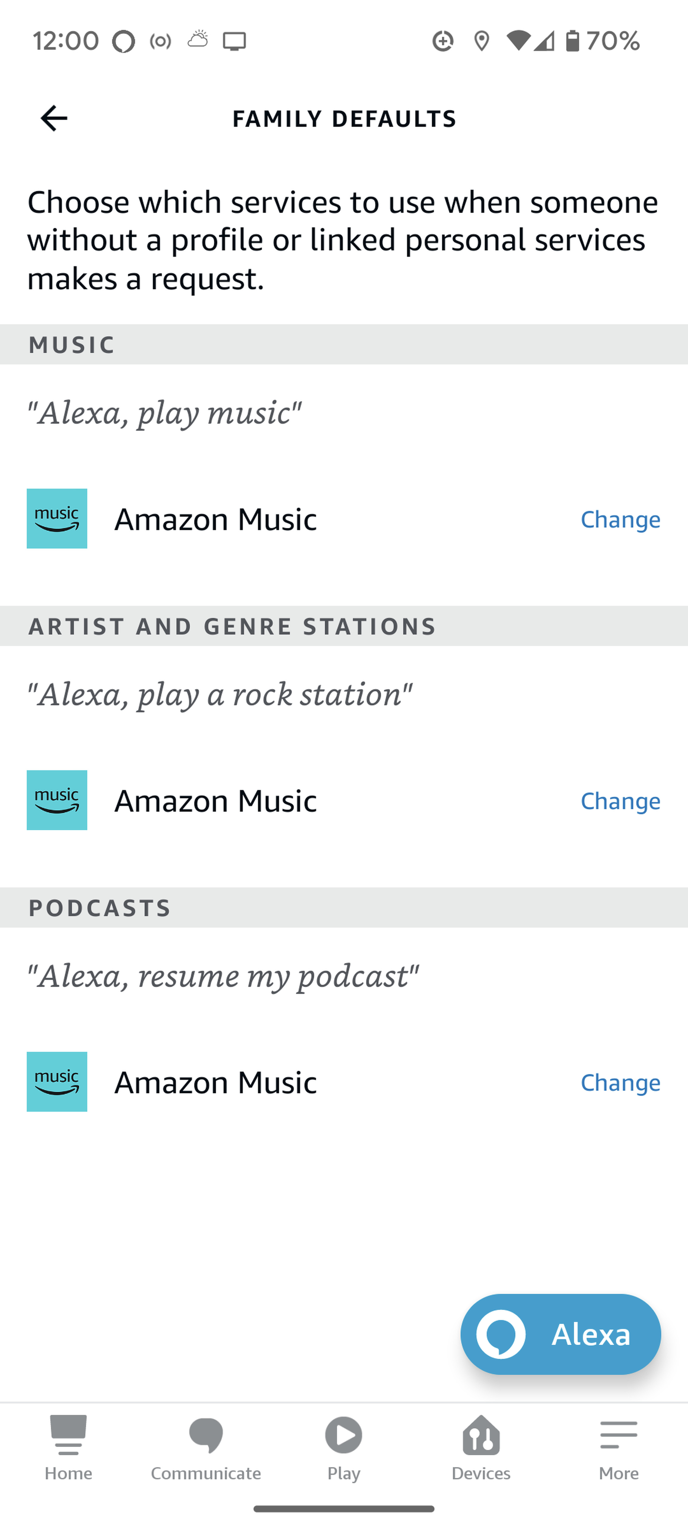 Family Defaults page with settings for Music, Artist and Genre Stations, and Podcasts.