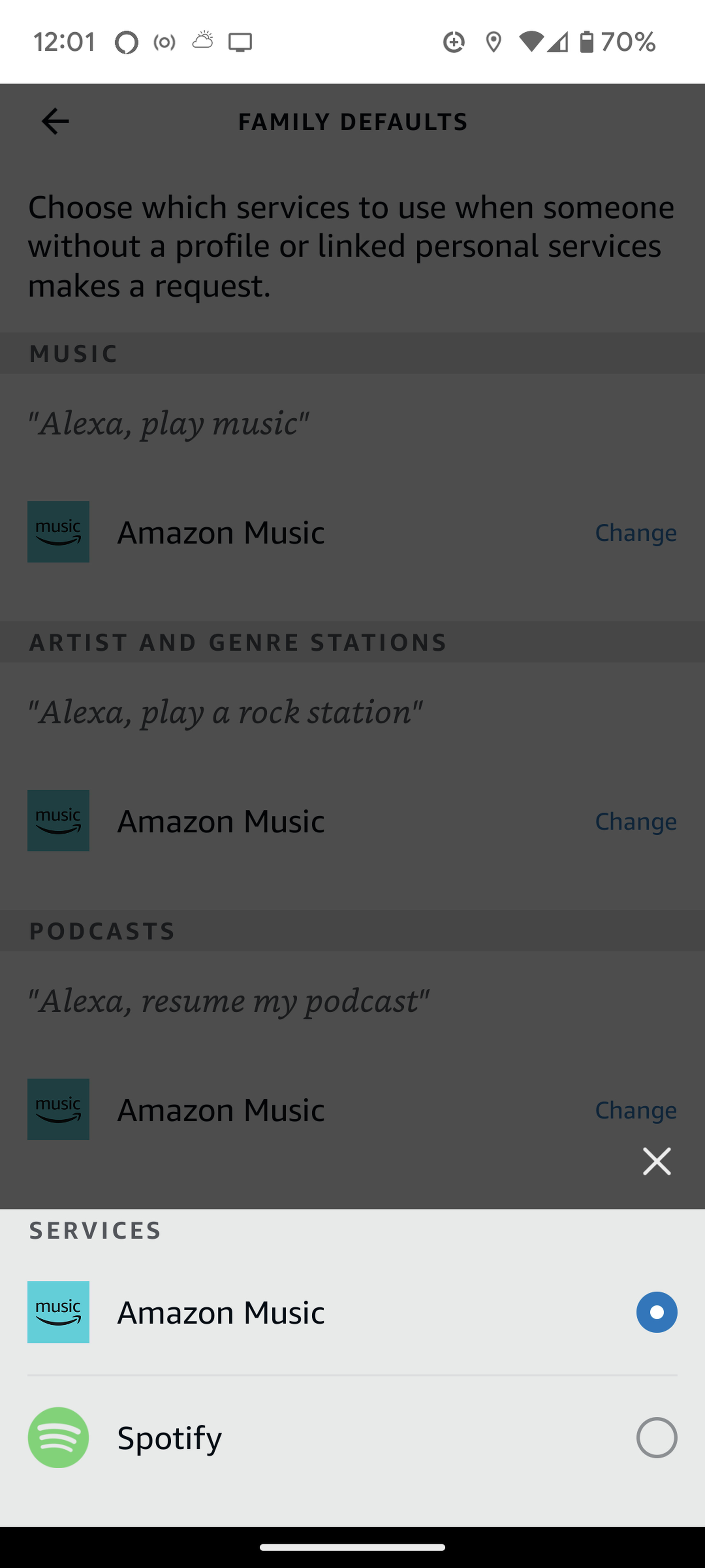 Menu popping up from bottom headed Services and offering either Amazon Music or Spotify.