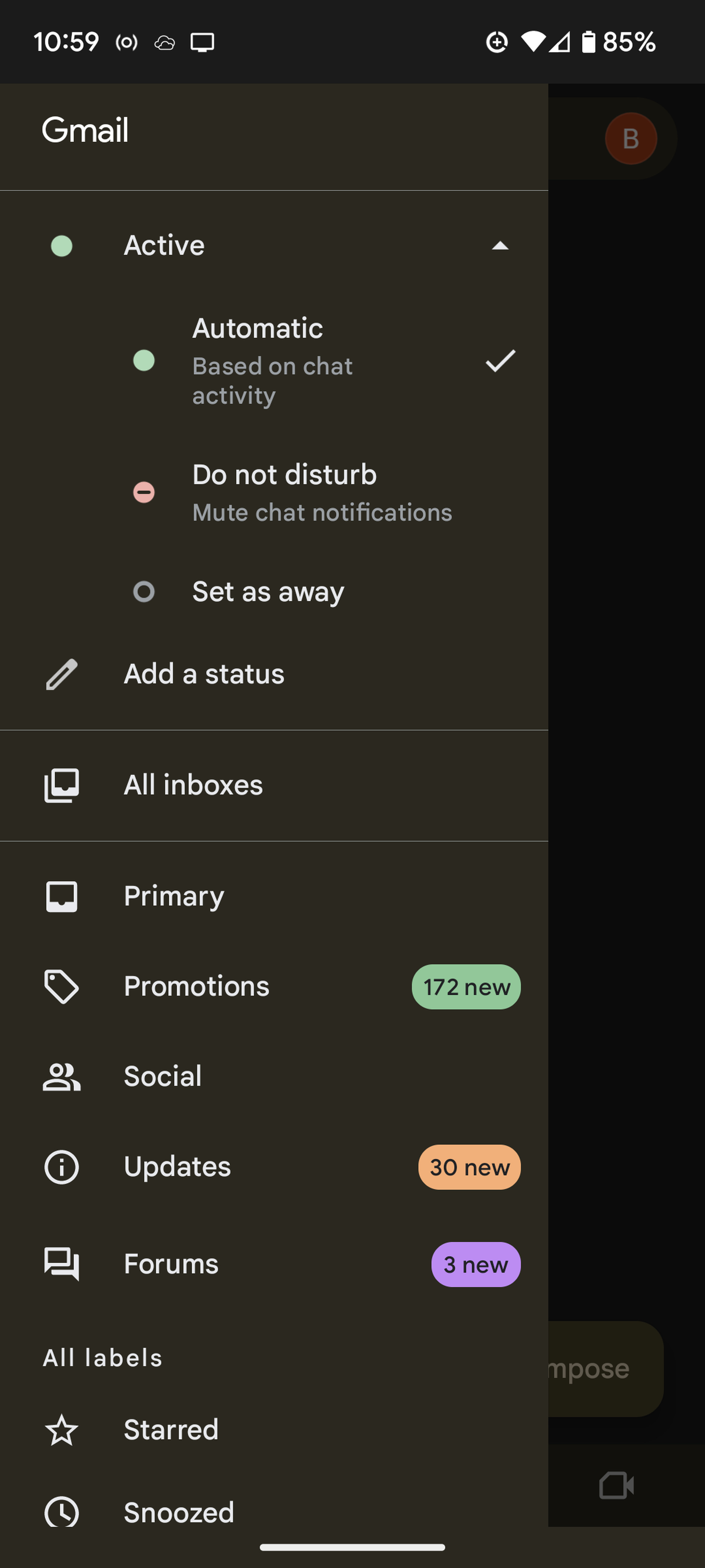 Side menu in Gmail with Active on top, Automatic, Do not disturb and Set as away beneath it, and other menu choices beneath that