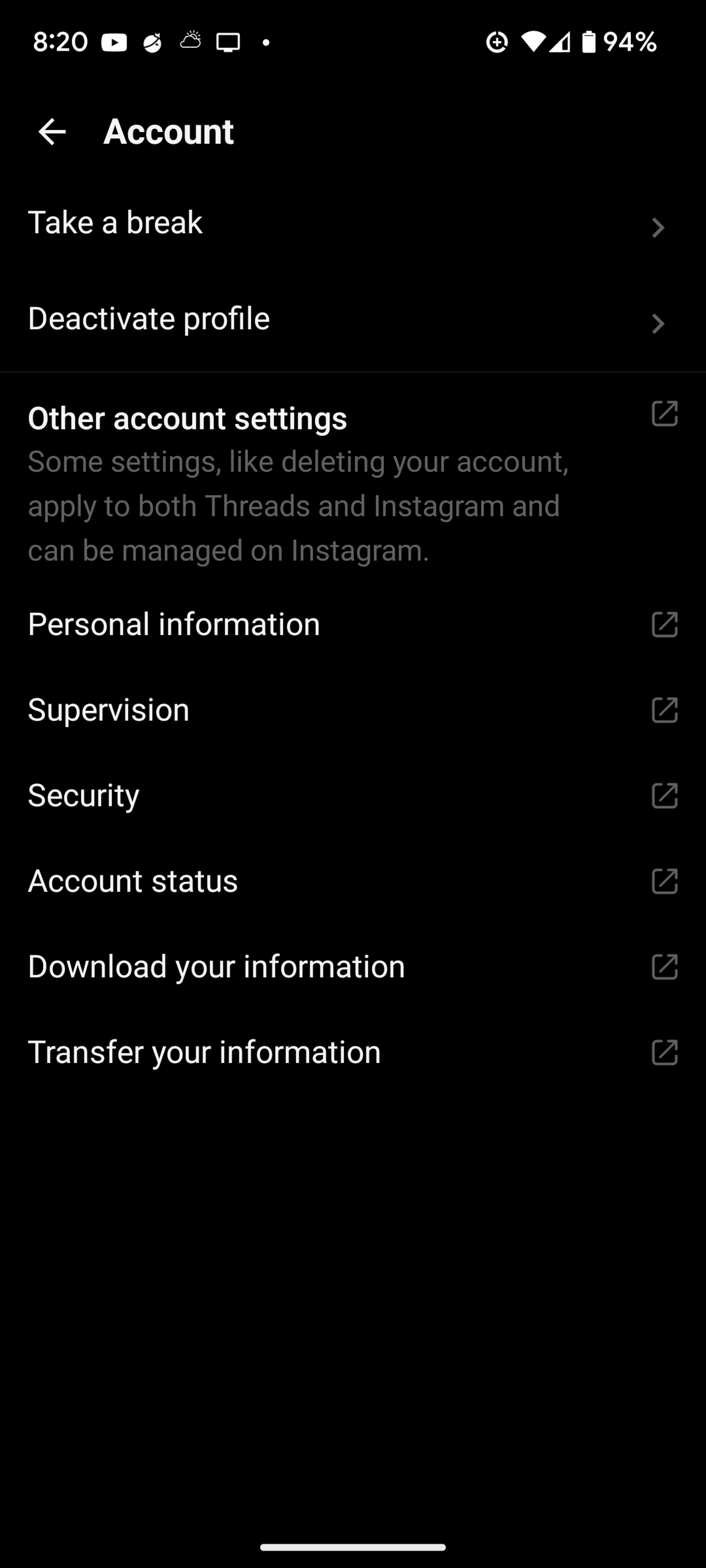 List of account settings