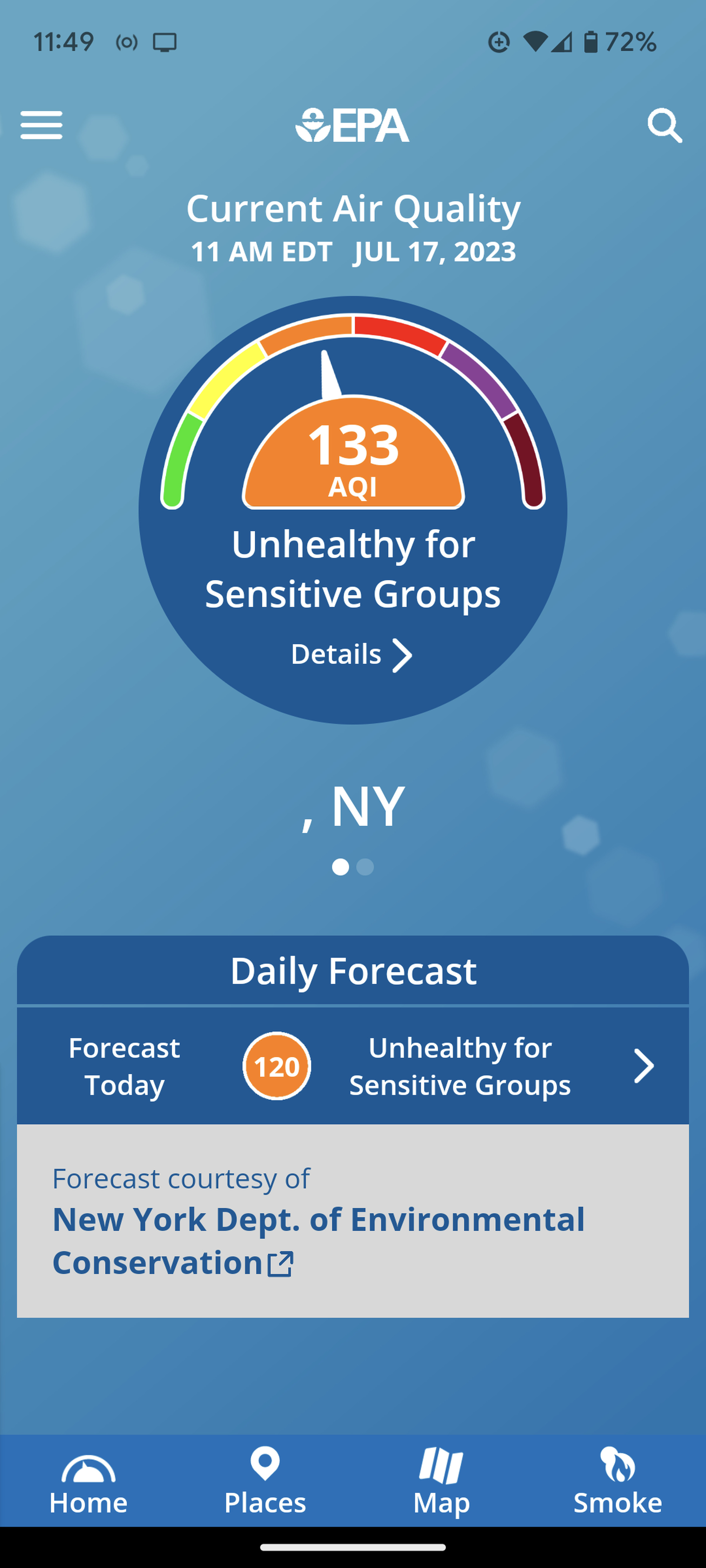 Mobile screen headed EPA, Current Air Quality, showing the ratings as 133 on a dial, and with the daily forecast beneath.