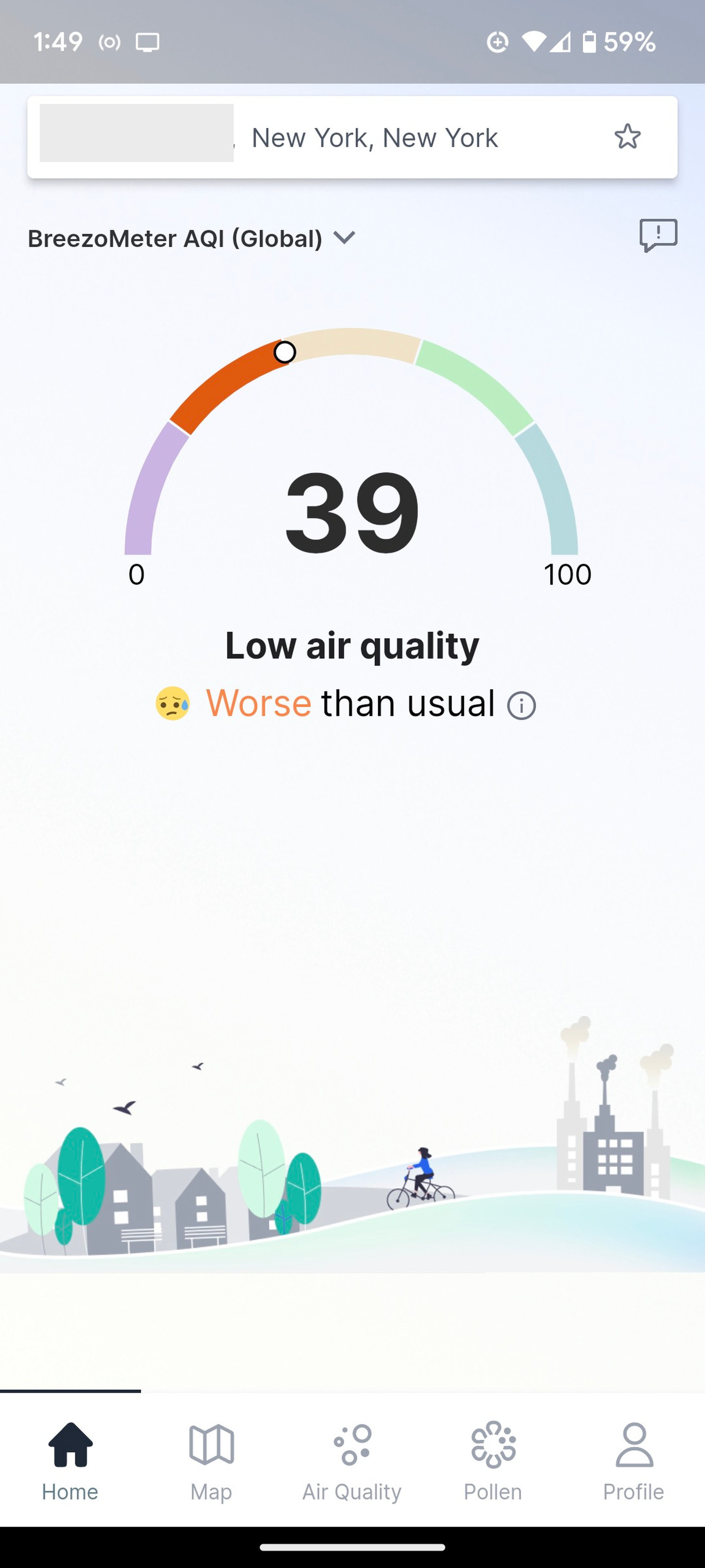 Mobile screen with half-circle showing a 39 rating in the center and the words “Low air quality / Worse than usual” and a drawing of a suburb with factories below that.