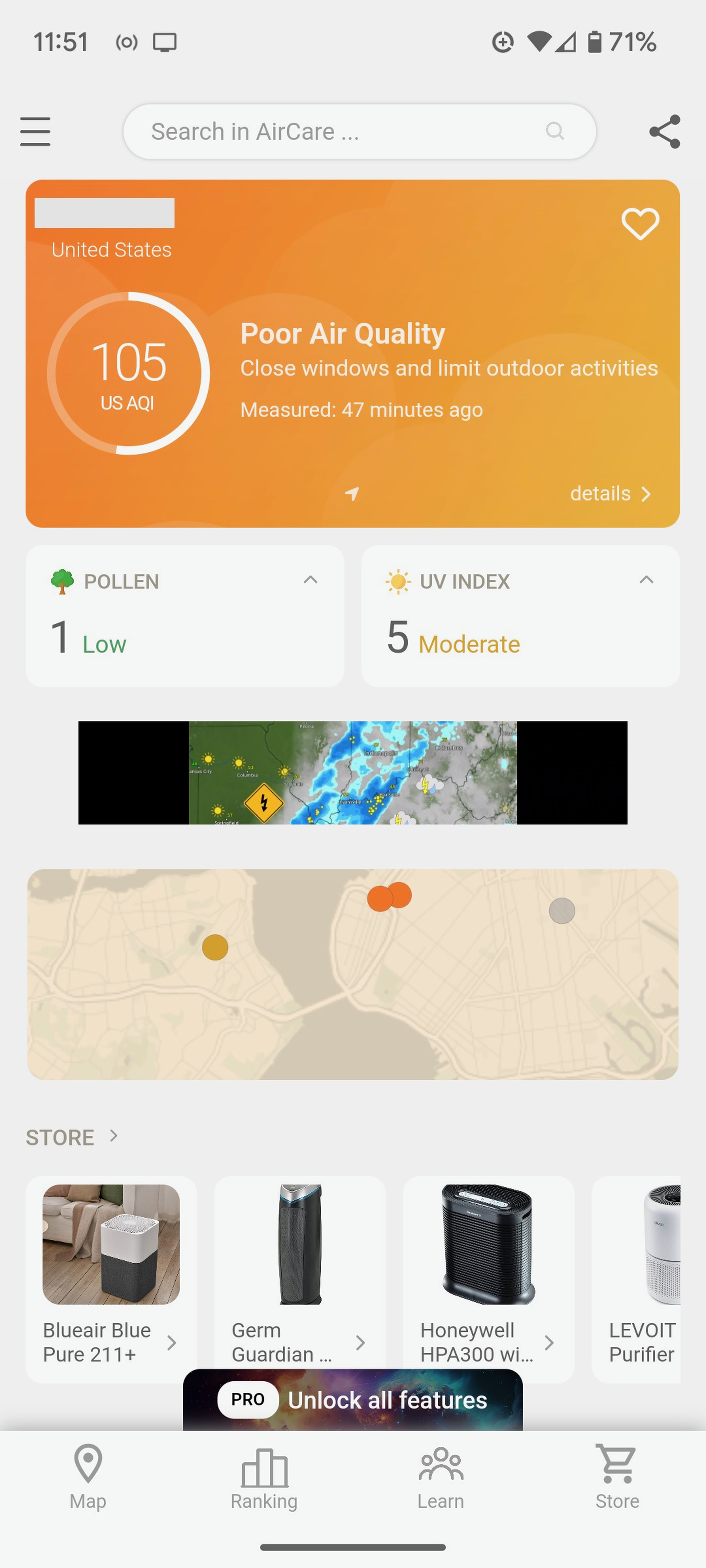 Large orange rectangle that says “Poor air quality” above pollen and UV index numbers, above a small map and ads for various air purifiers.
