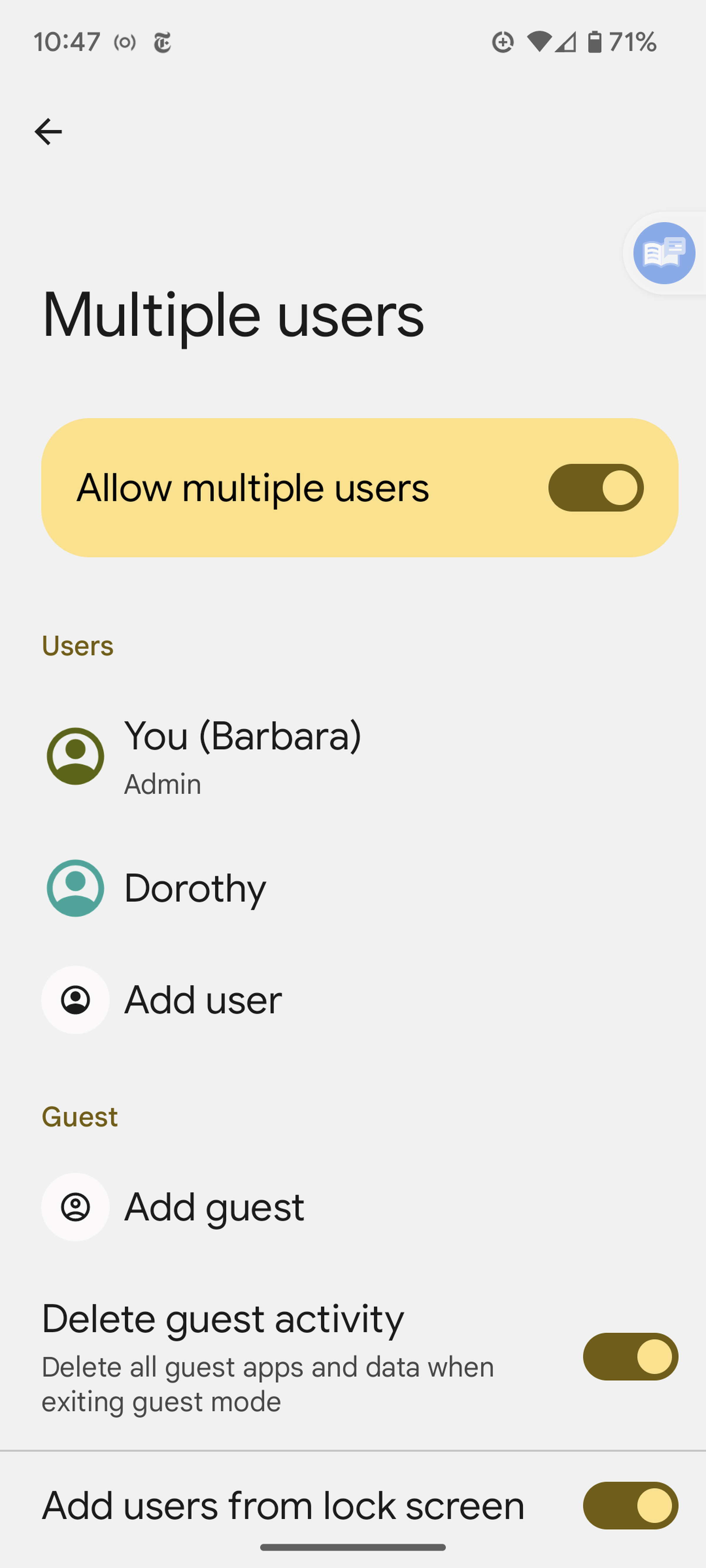 Screen headed Multiple users with Allow multlple users toggled on, below that under Users is listed You (Barbara), Dorothy, and Add user; below that is Guest and Add guest.