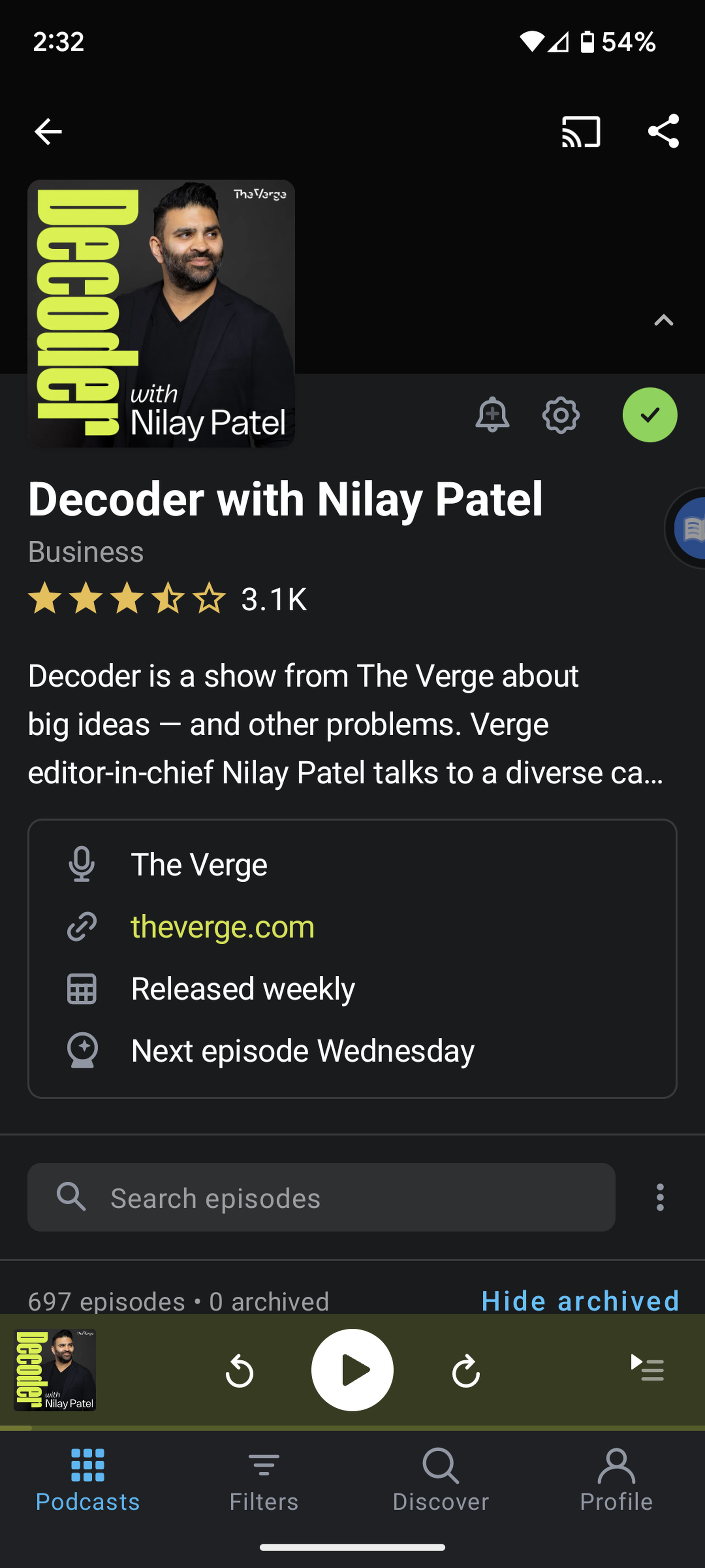 Podcast page for Decoder with Nilay Patel with album cover on top and play controls at bottom.