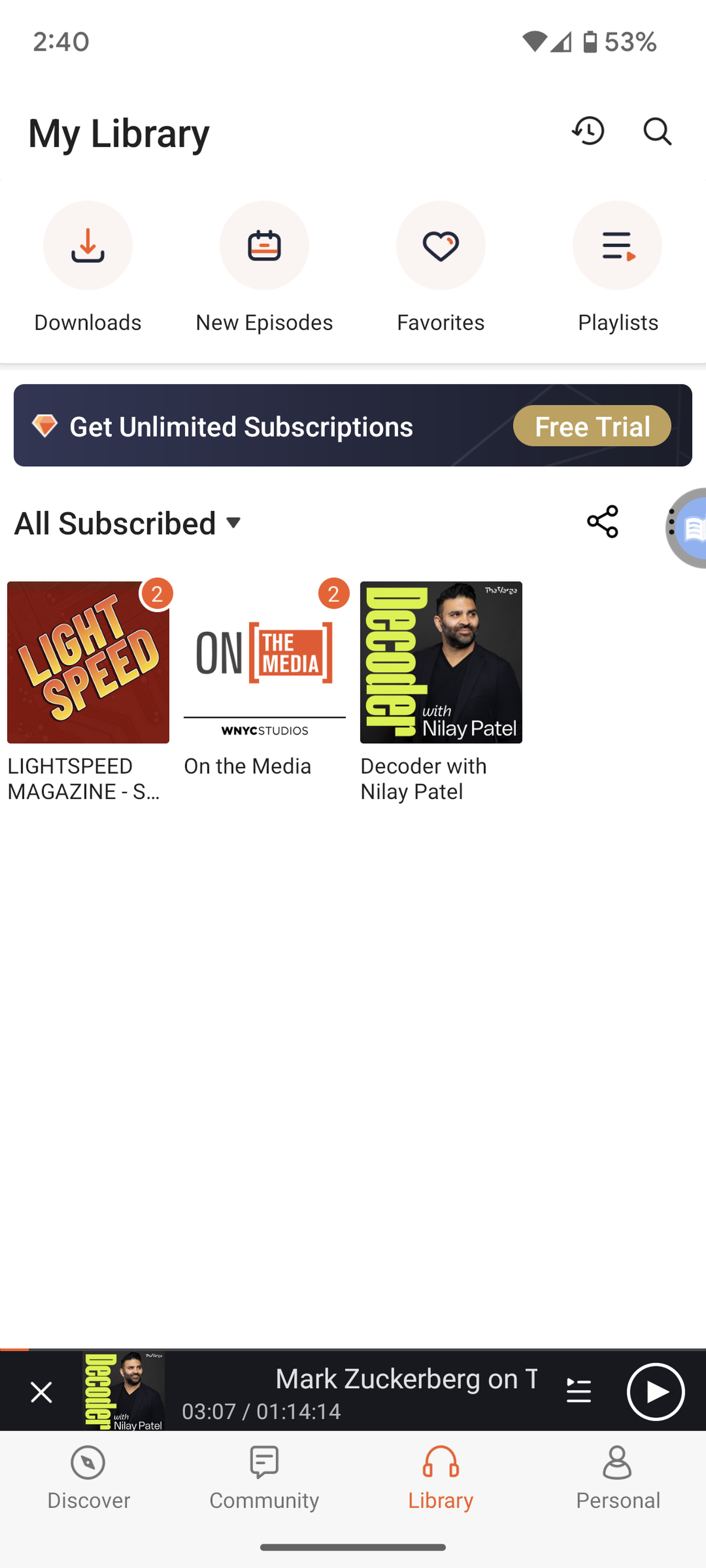 The My Library page  with three podcast covers and four icons at bottom.