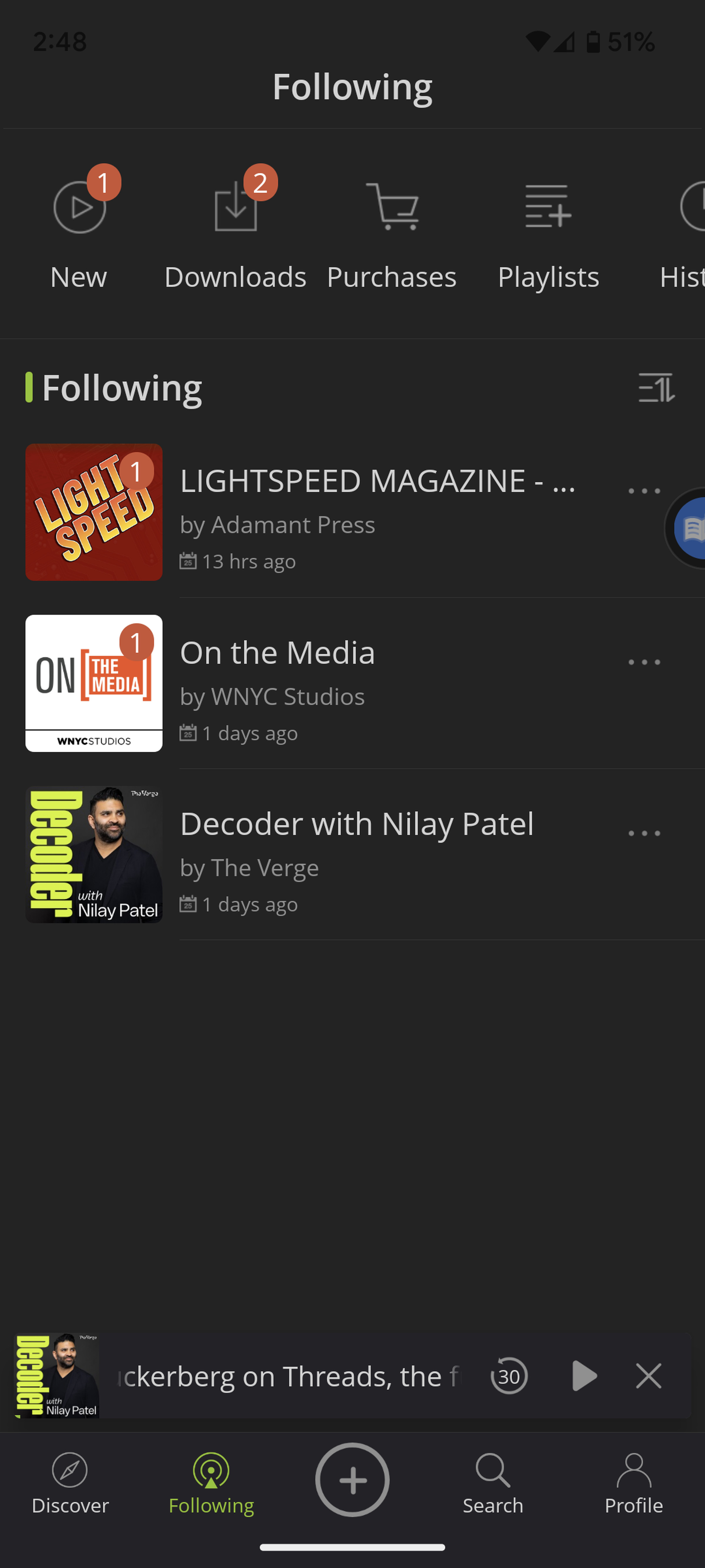 Page headed “Following” with a row of icons and three podcast covers.