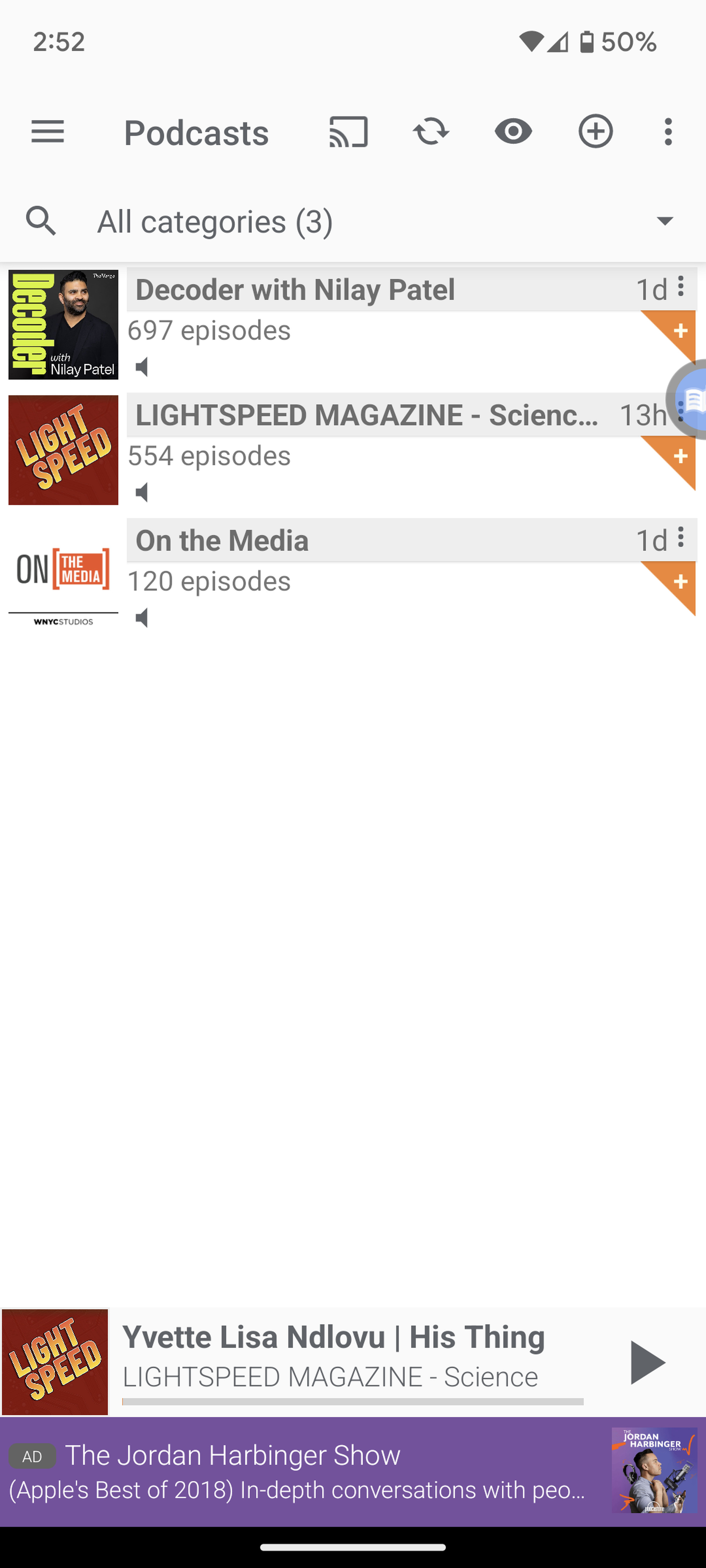 Page with Podcasts at top, along with several icons, three podcast covers below that, and a banner ad at bottom.