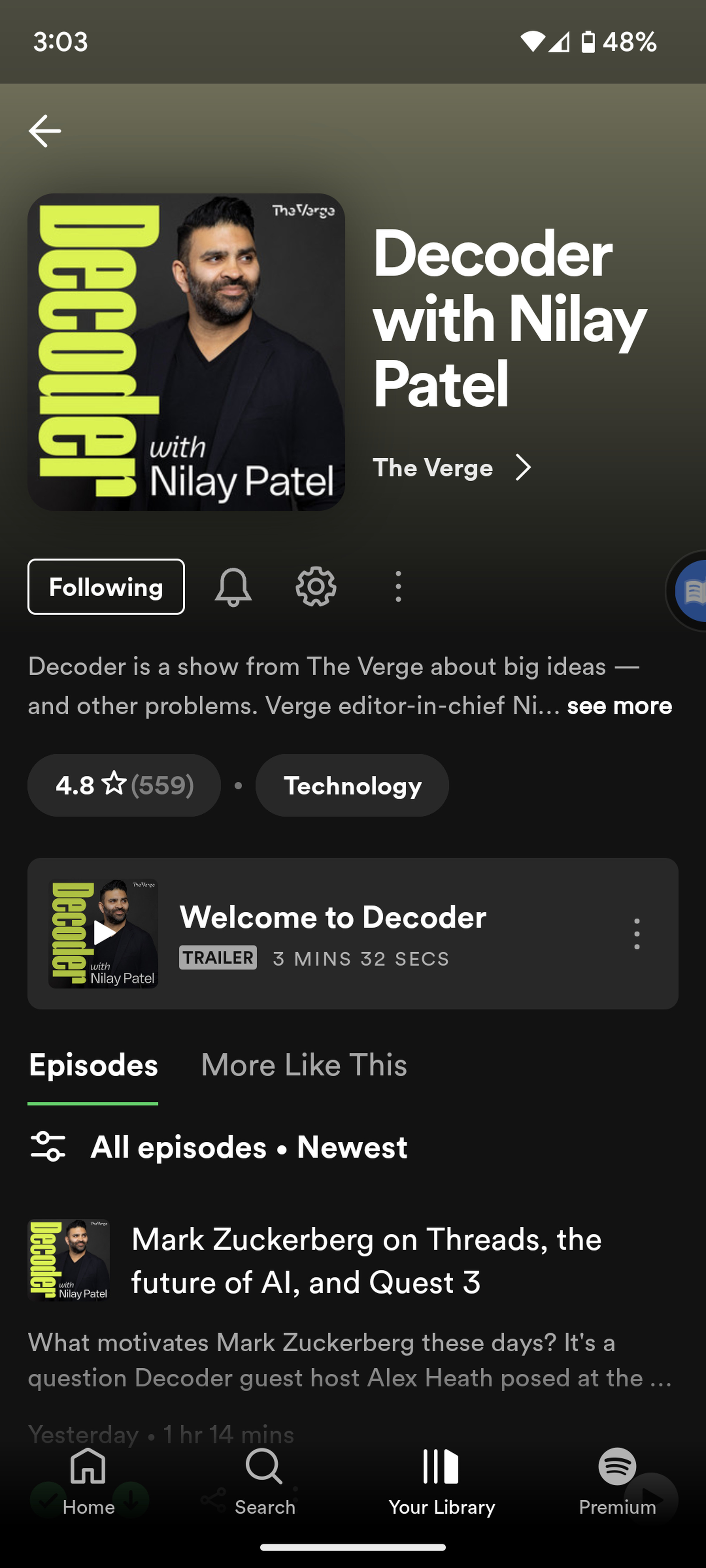 Screen showing cover and words Decoder with Nilay Patel, with the beginning of a description under that, a “Welcome to Decoder” buton under that, and the first of a list of episodes under that.