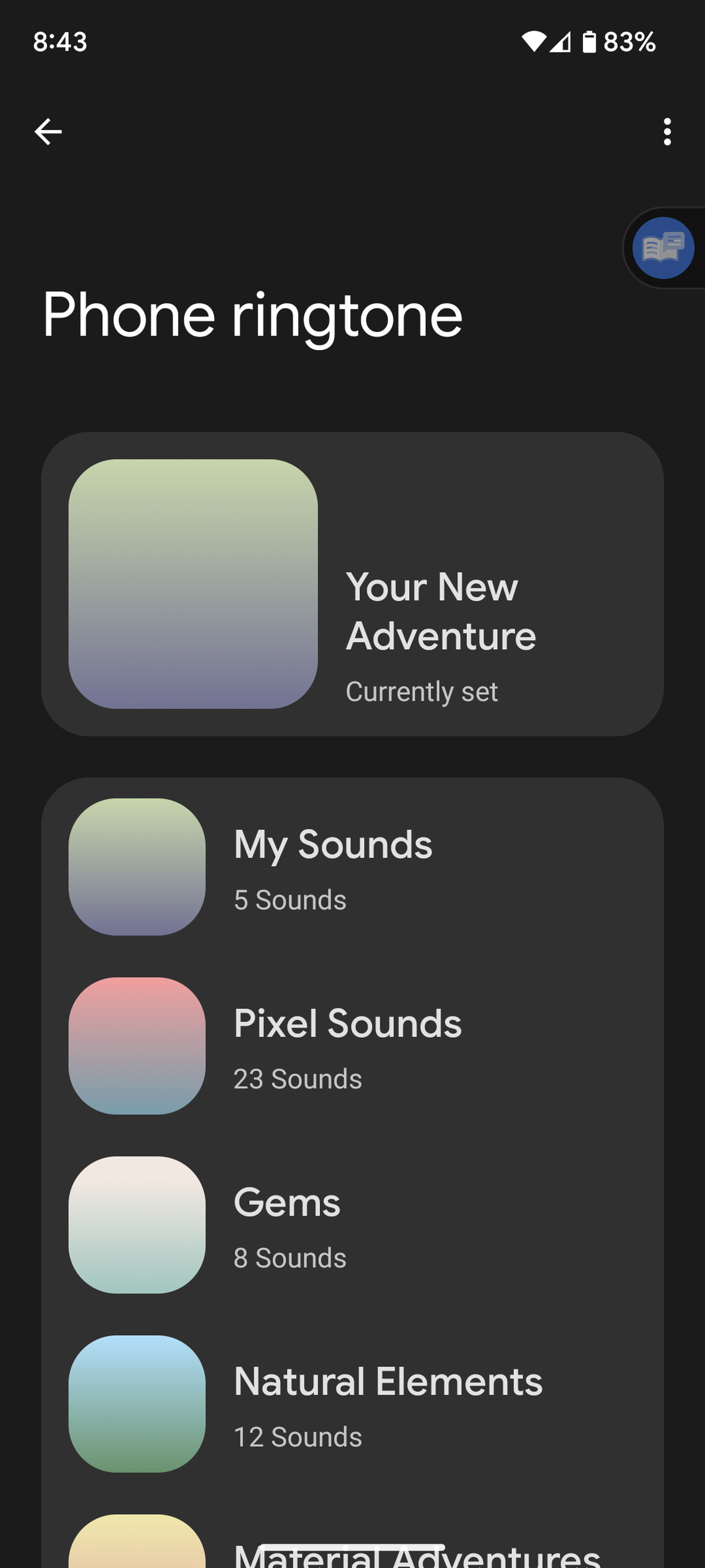 Phone ringtone page with colors squares and sound categories.