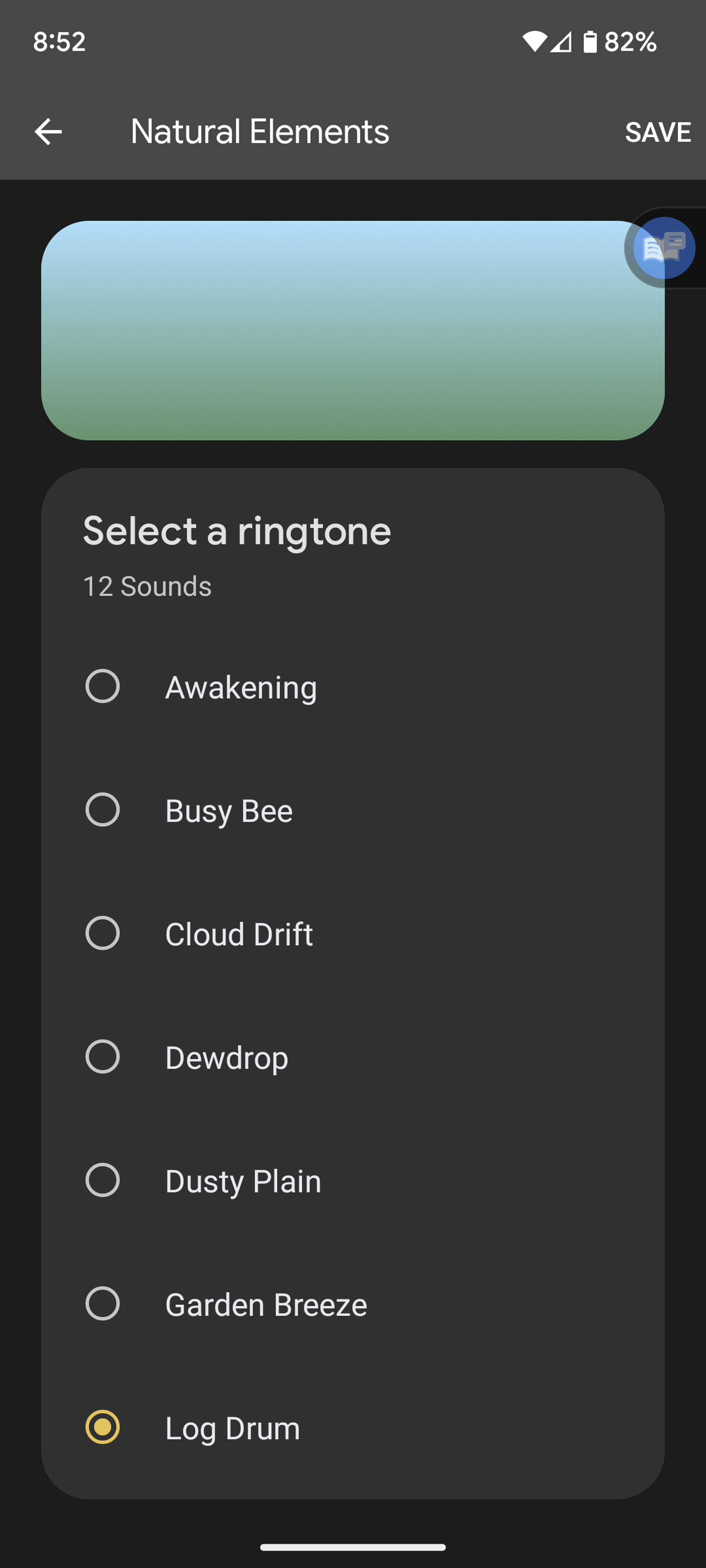 Page headed Select a ringtone and list of 12 sounds.