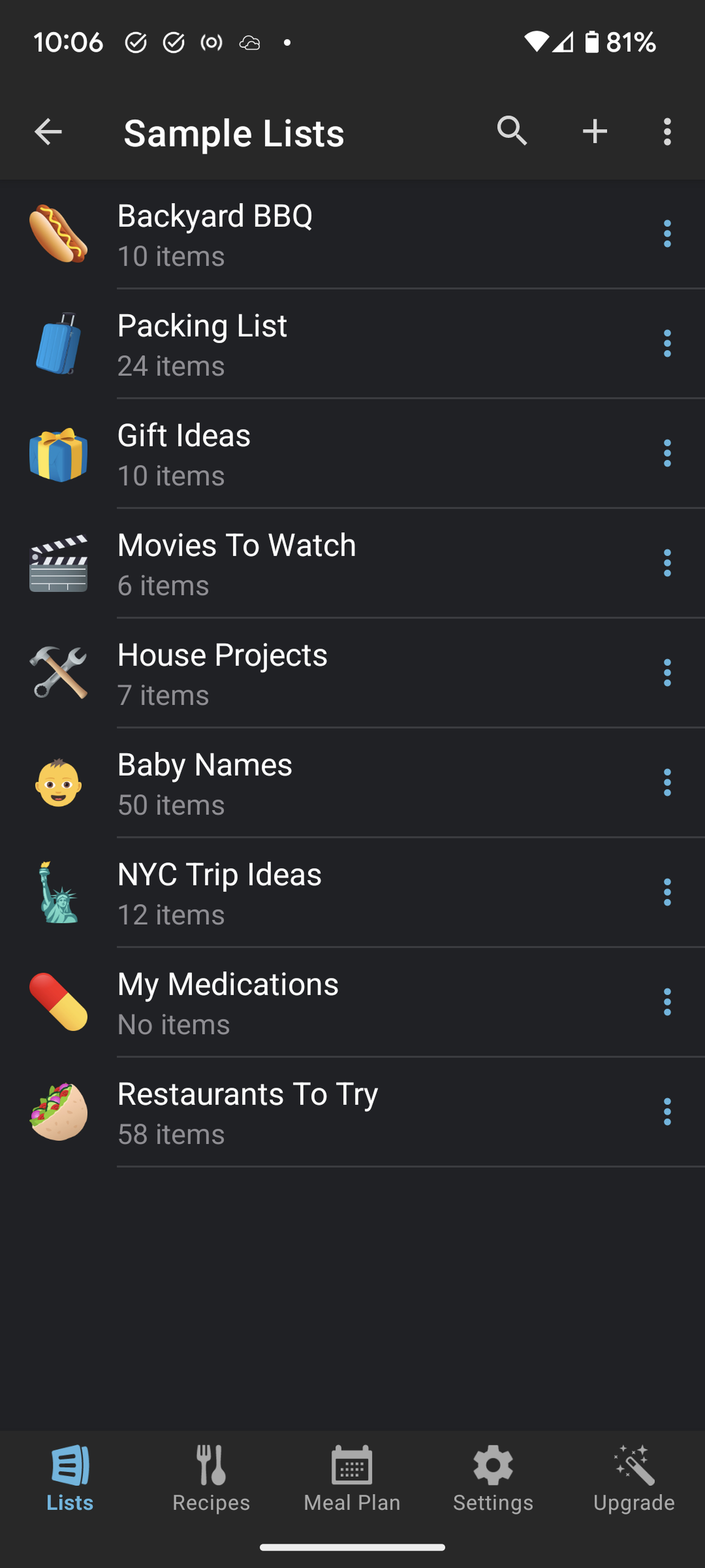 Sample lists from mobile app AnyList.