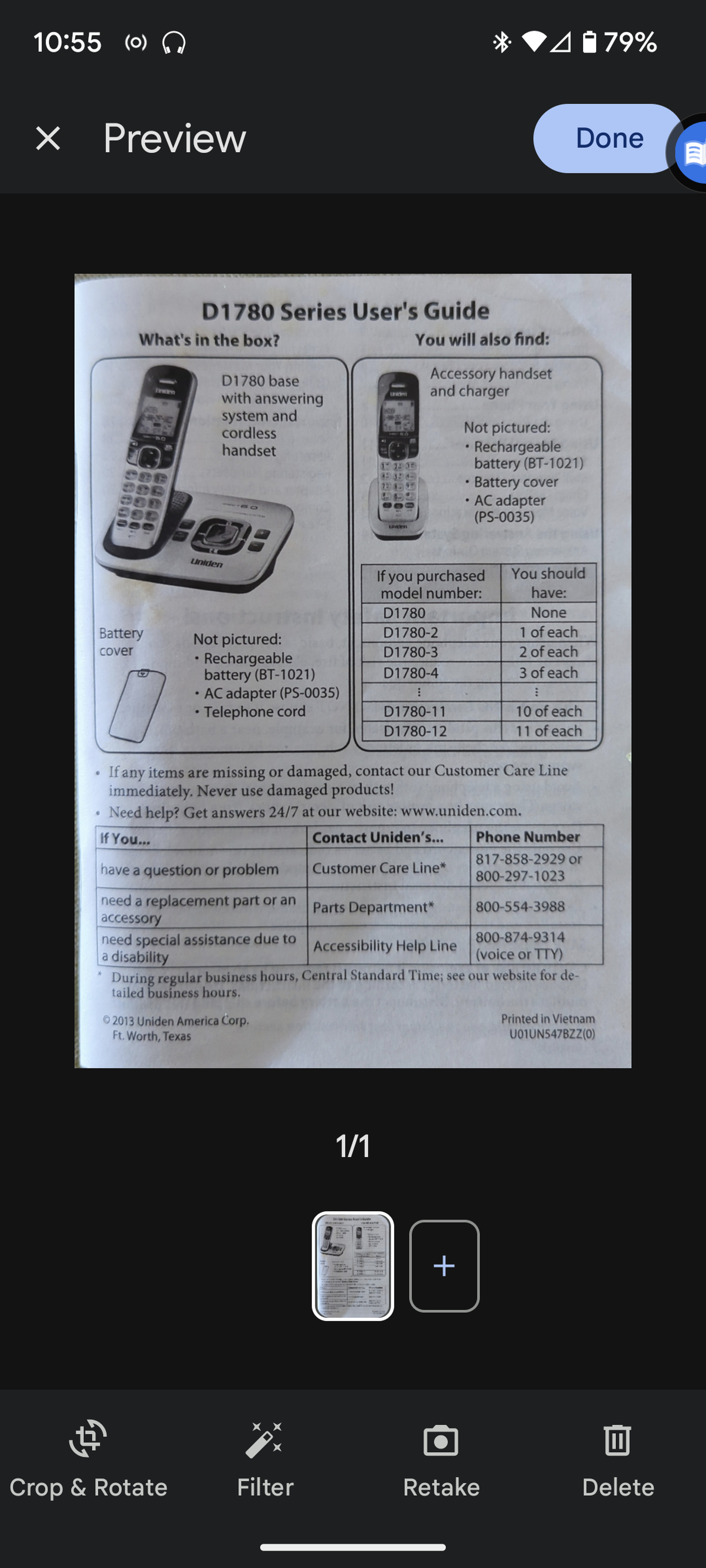Photo of manual for old-fashioned phone with several feature buttons at bottom.