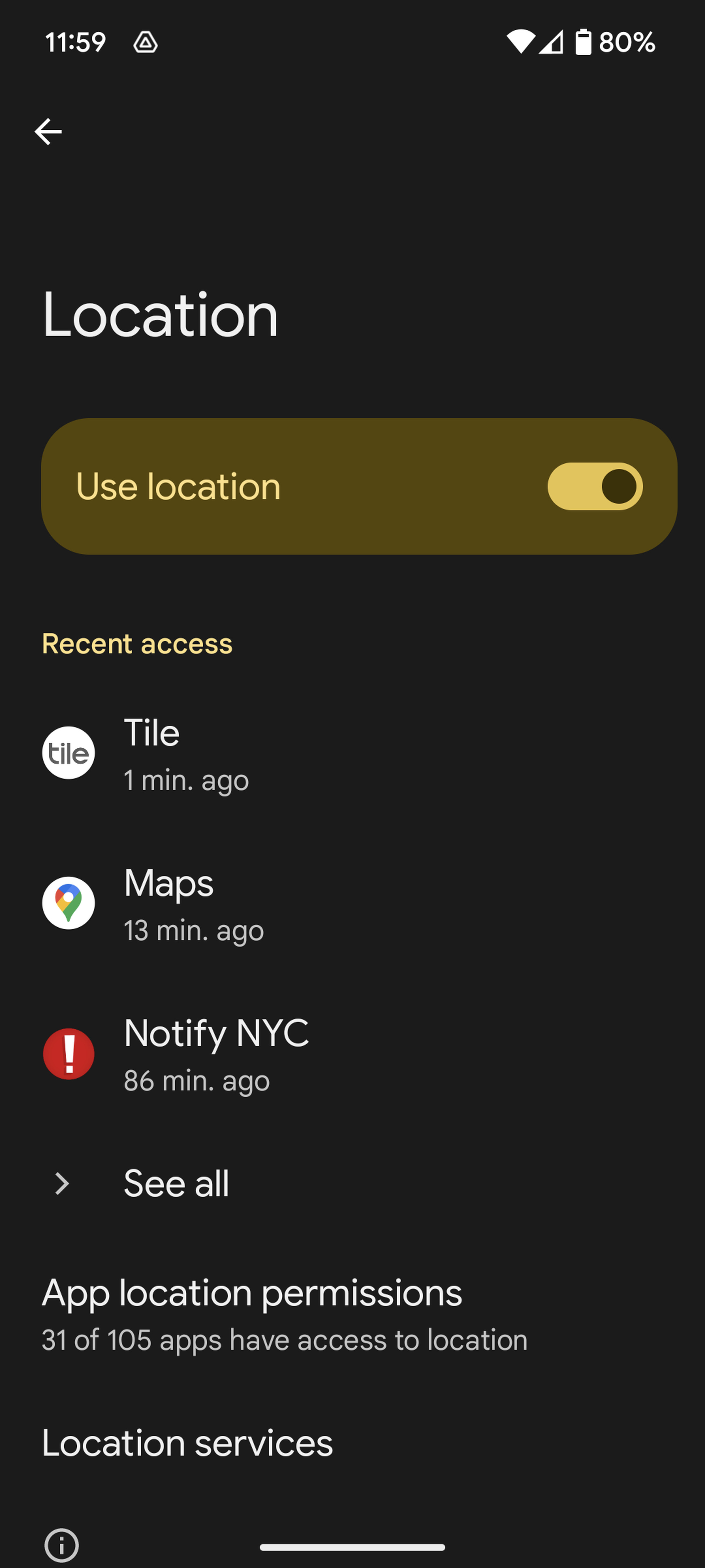 Location page with toggle for Use location below the title, and a list of recently accessed apps below that.