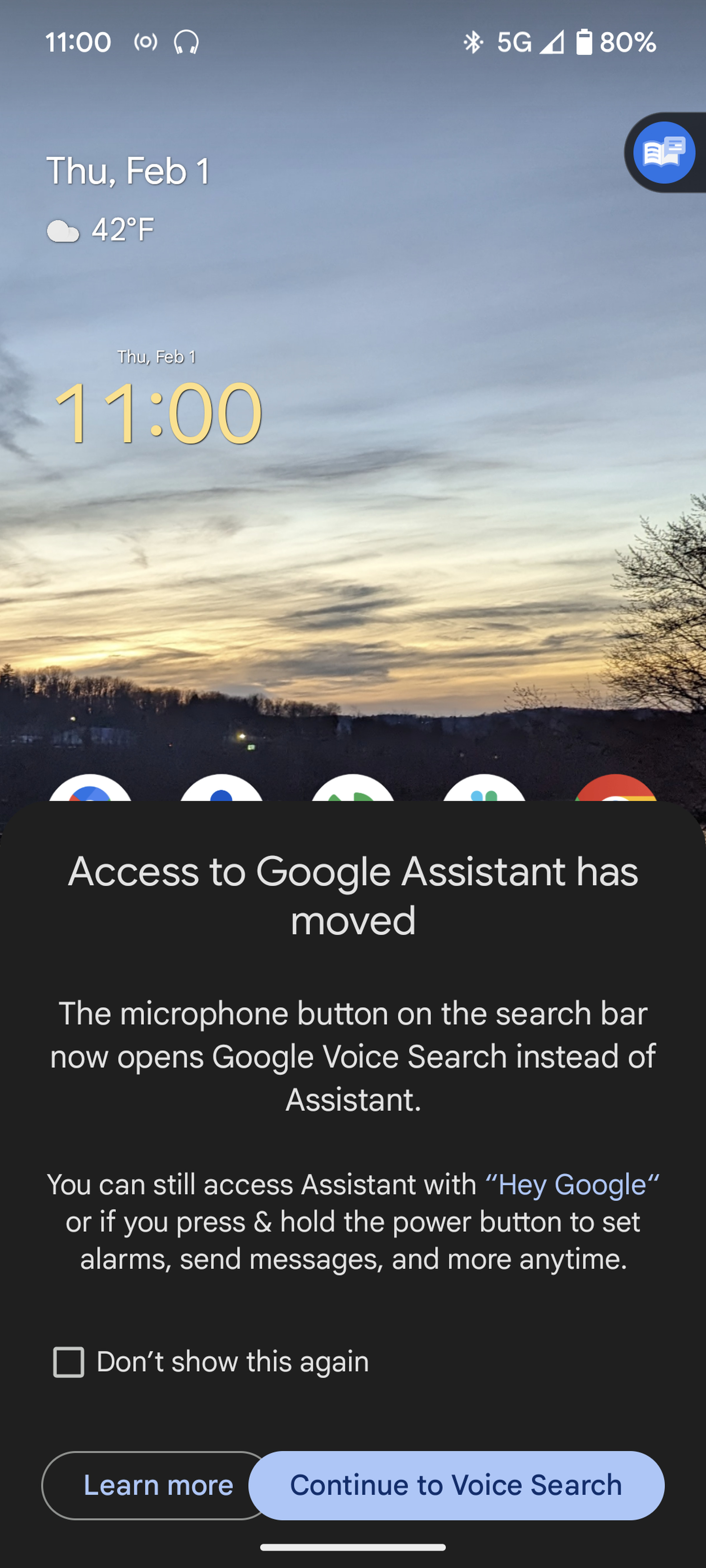 Popup on mobile screen saying â€œAccess to Google Assistant has moveâ€ with an explanation.