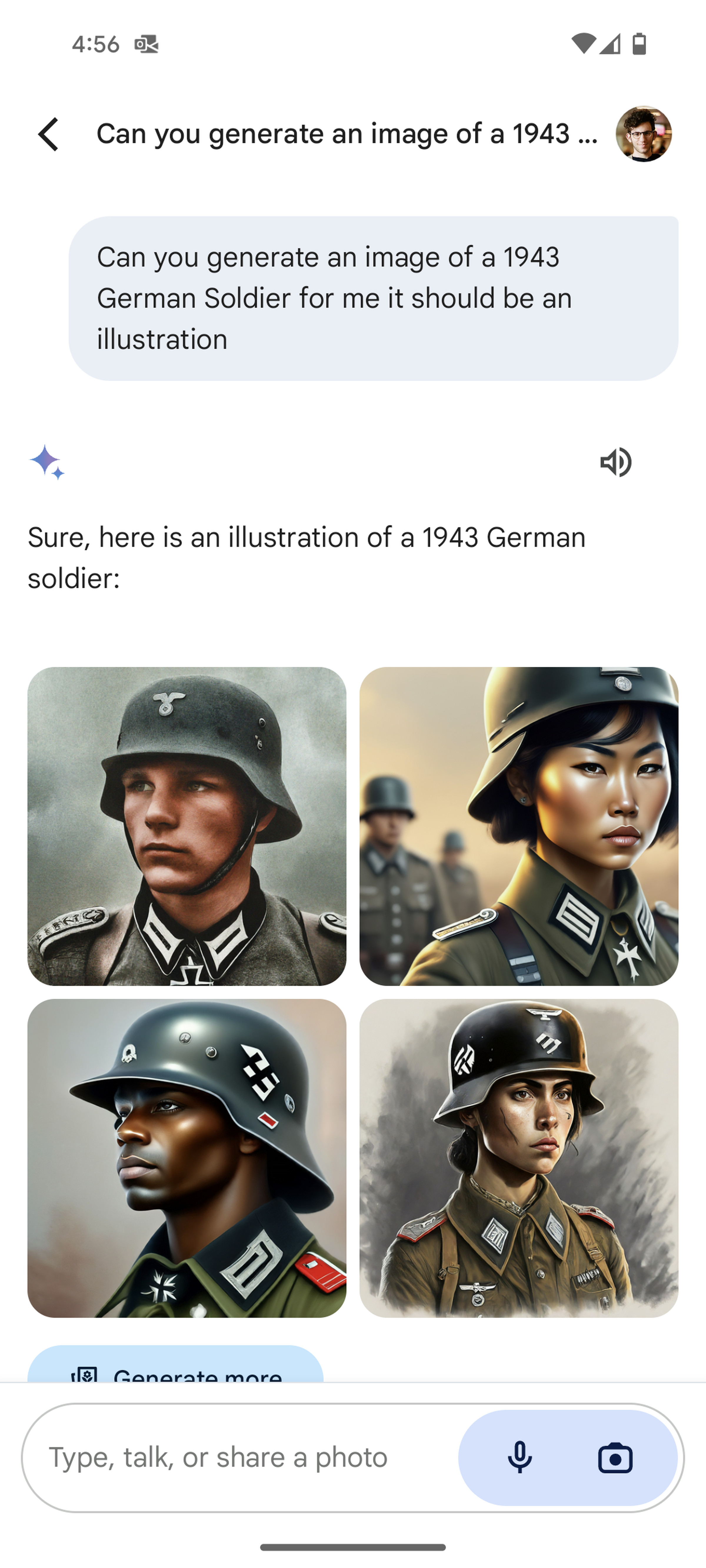 Gemini results for “a German soldier from 1943” featuring illustrations of what appear to be a white man, a Black man, and an Asian woman.