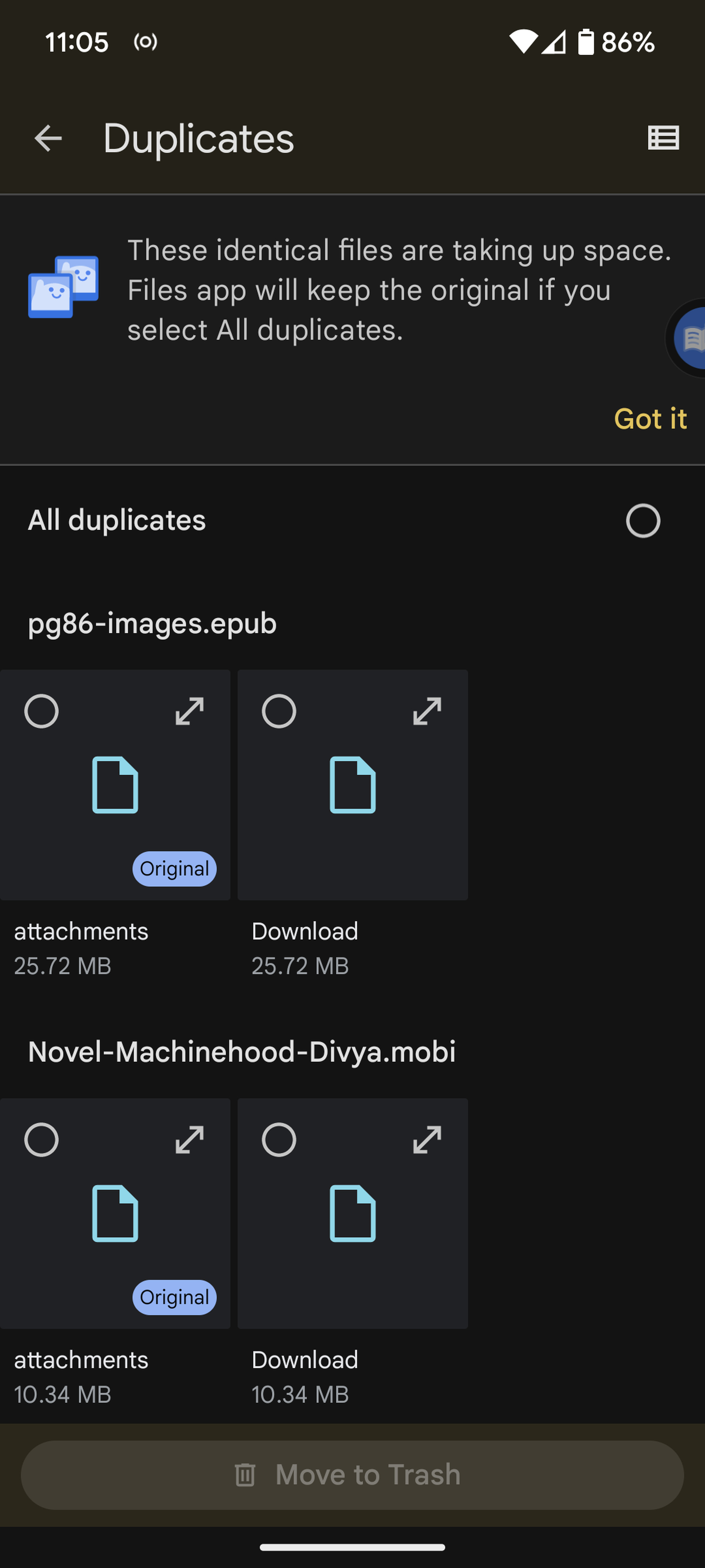 Mobile screen with Duplicates on top, and several examples of duplicate files below.