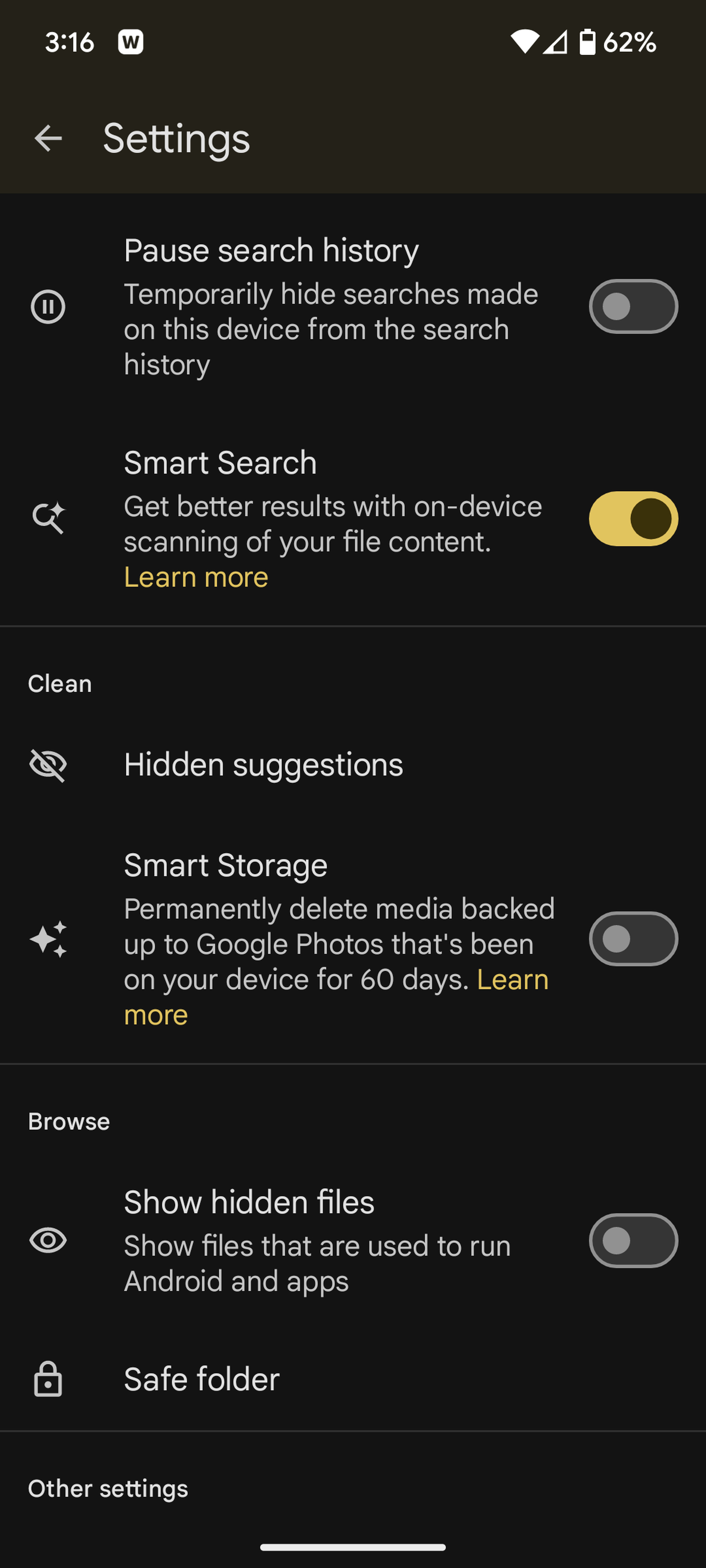 Mobile screen headed Settings and then a list of search features.