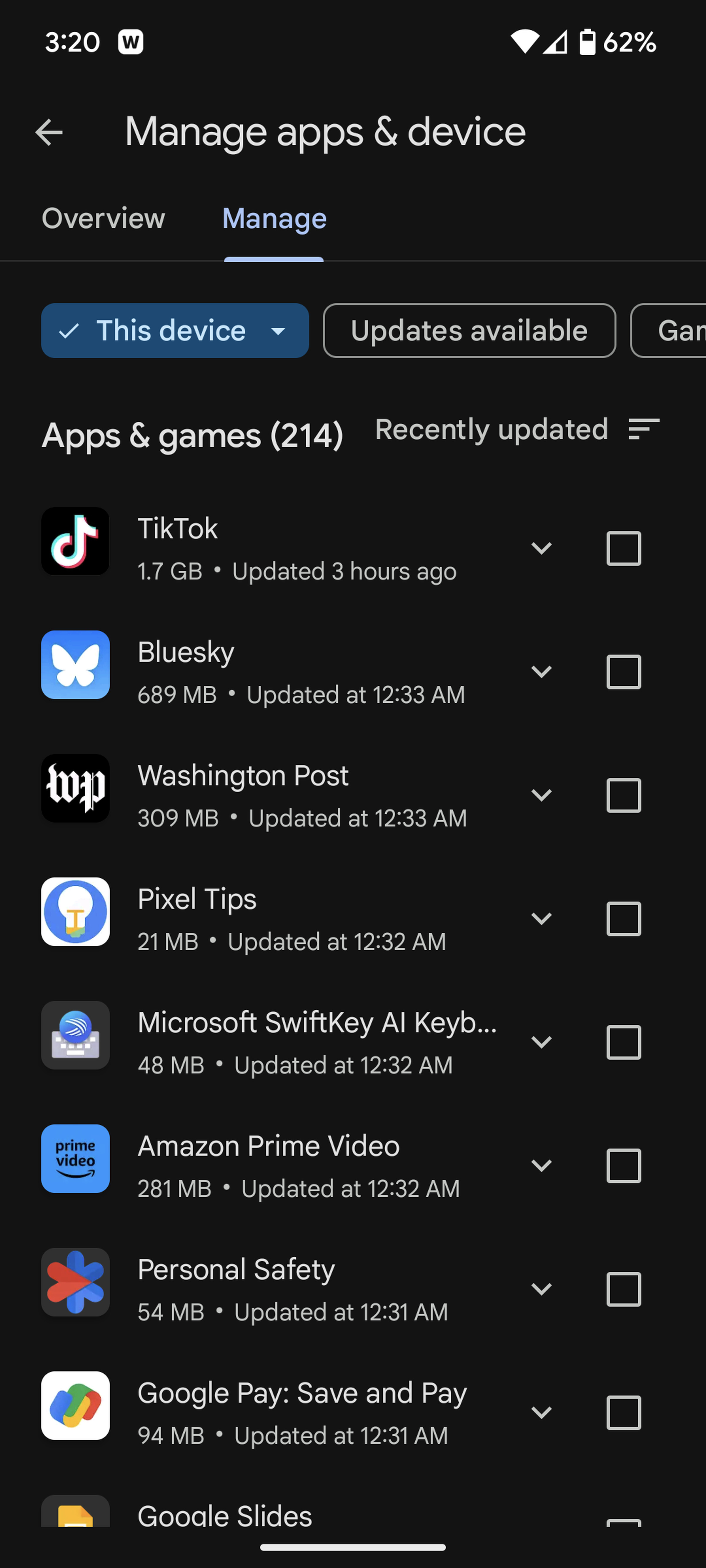Mobile screen with Manage apps &amp; device on top, and a list of apps below.