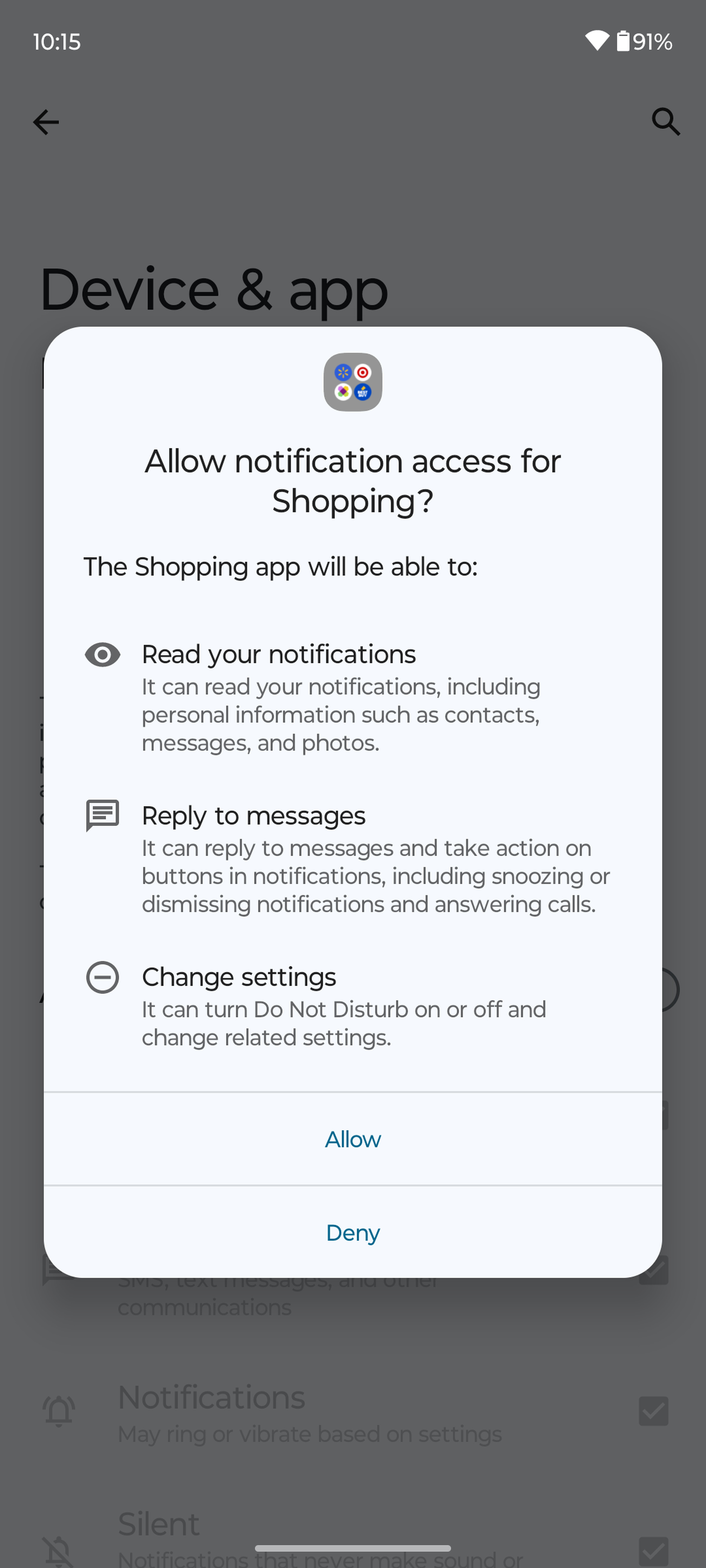 Screengrab showing permissions for shopping app folder.