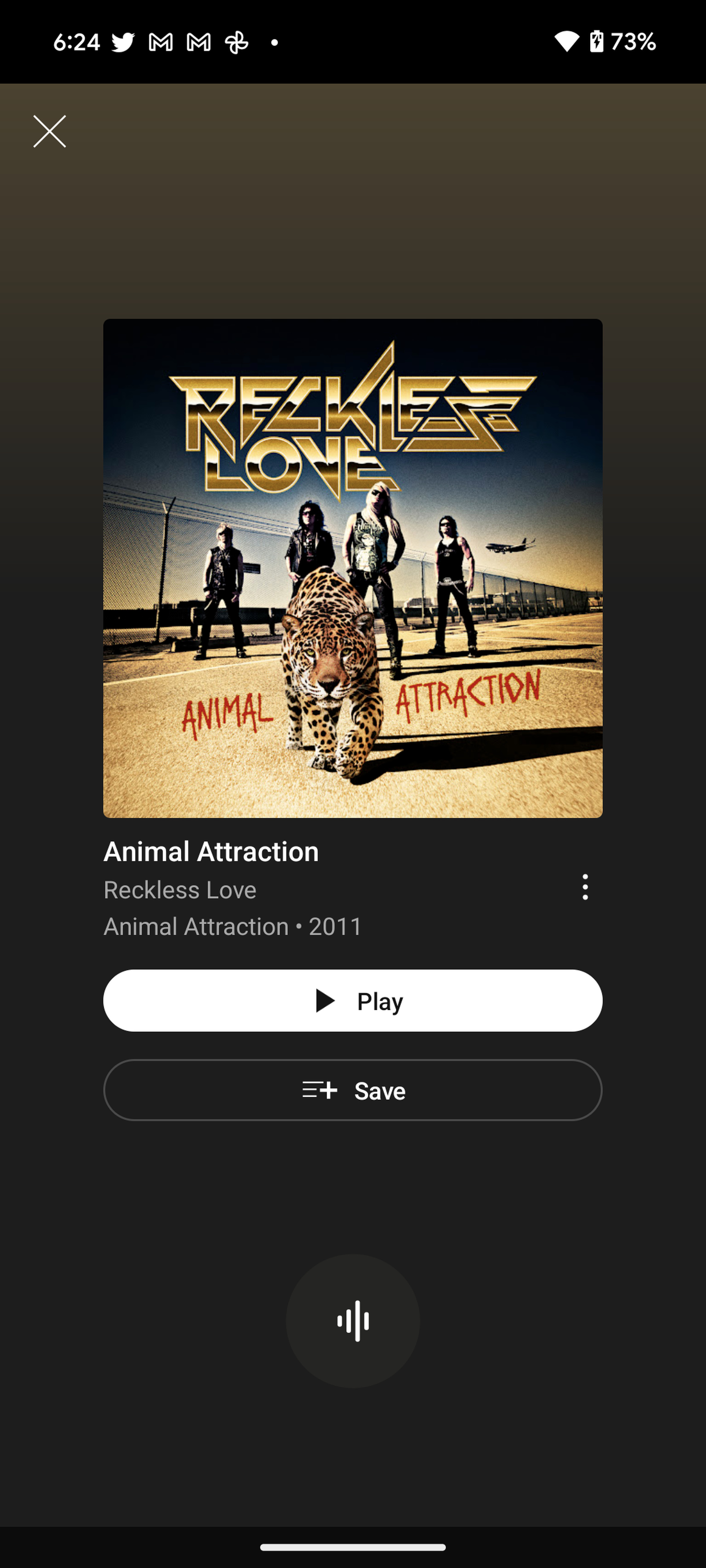 Screenshot of a song called Animal Attraction, by Reckless Love.