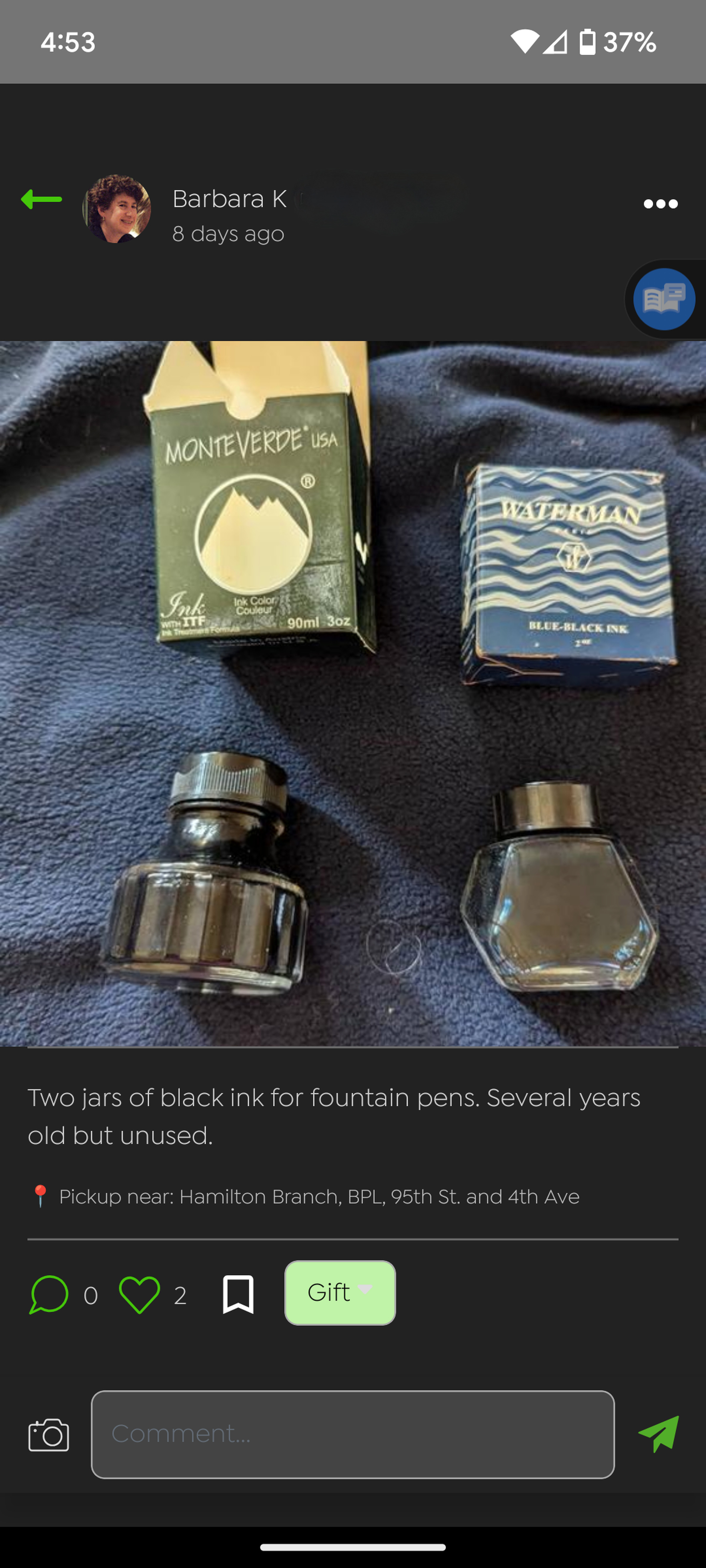 Buy Nothing page showing two bottles of ink.